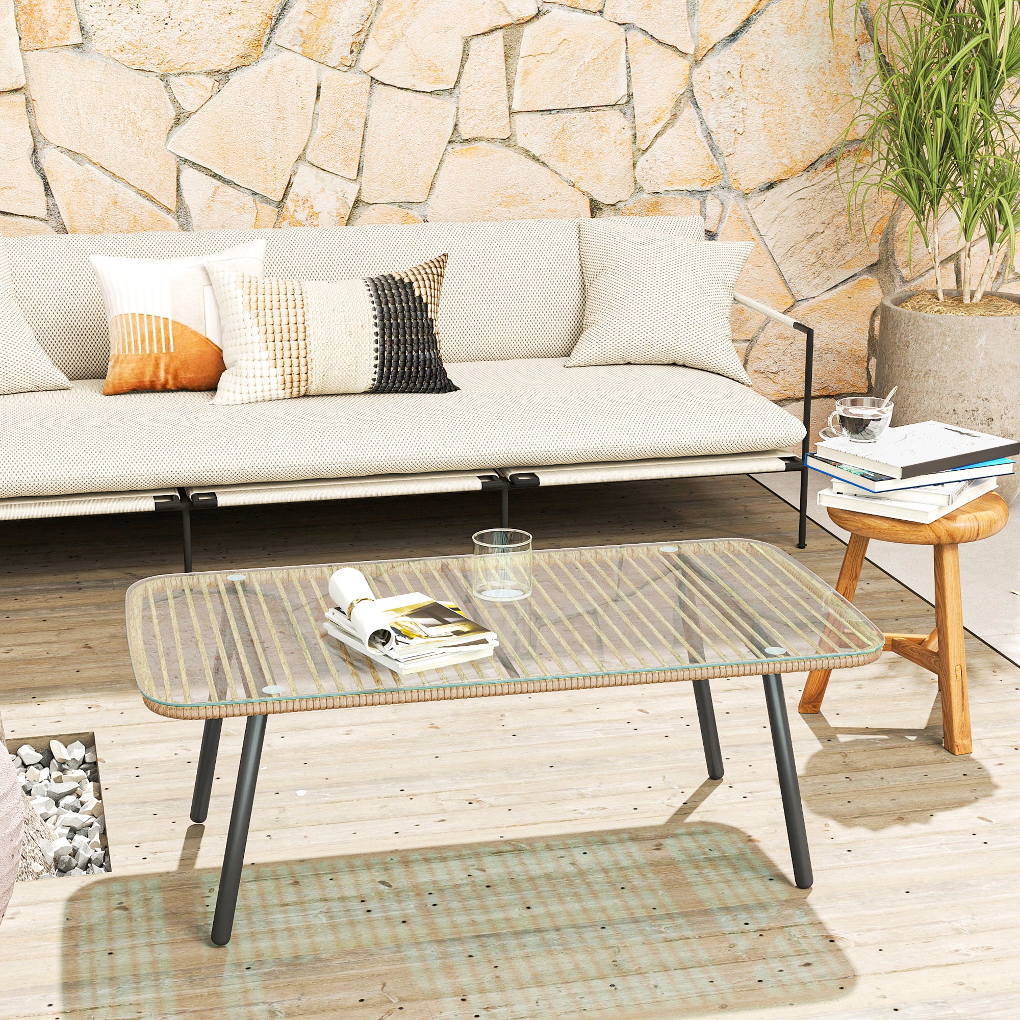 PE Rattan Garden Table with Glass and Steel Top, 110x60x40 cm, Natural Wood
