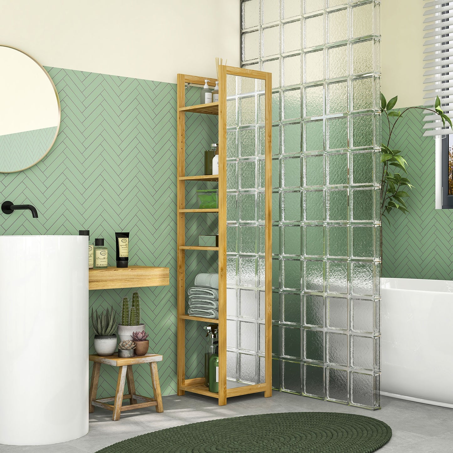 Bathroom Shelf with Mirror and 6 Bamboo Slatted Shelves, 35x35x168cm, Wood Color