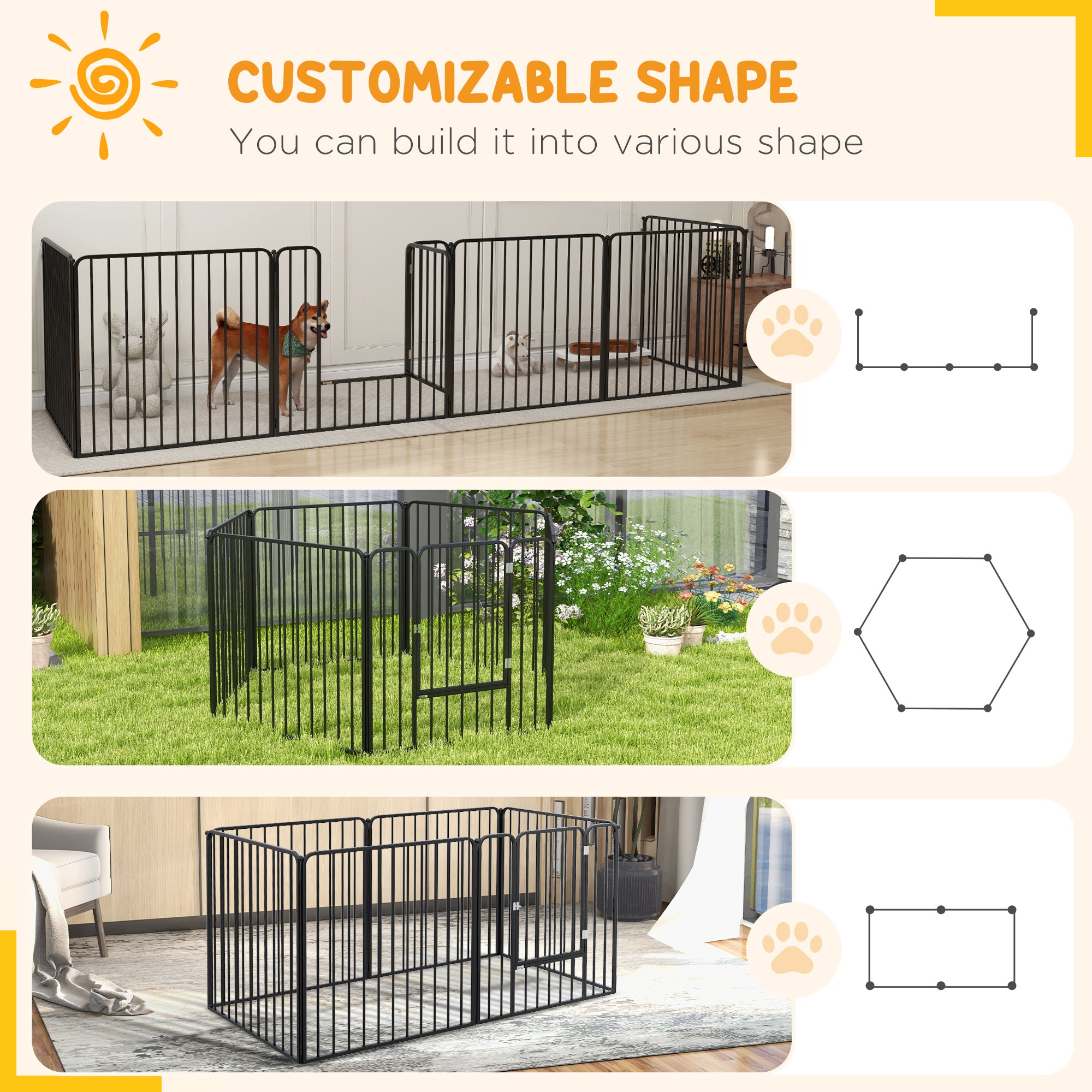 PAWHUT FENCE FOR 6 DOGS with 6 modular and outdoor modular panels, in steel, 164x83x80 cm, black - Borgè