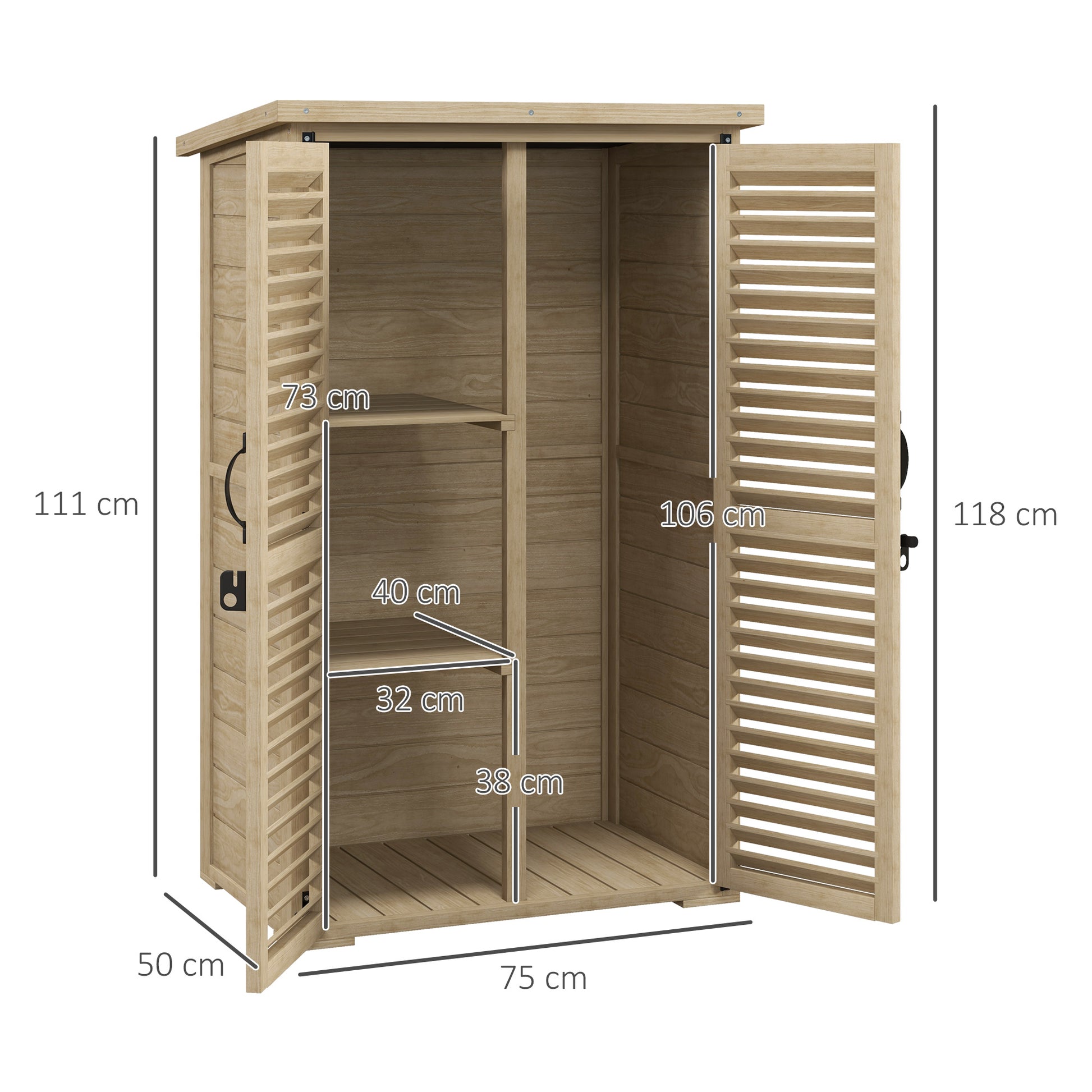 Outdoor Storage Cabinet with 2 Shelves with Pegs, in Fir Wood, 75x50x111/118 cm - Borgè