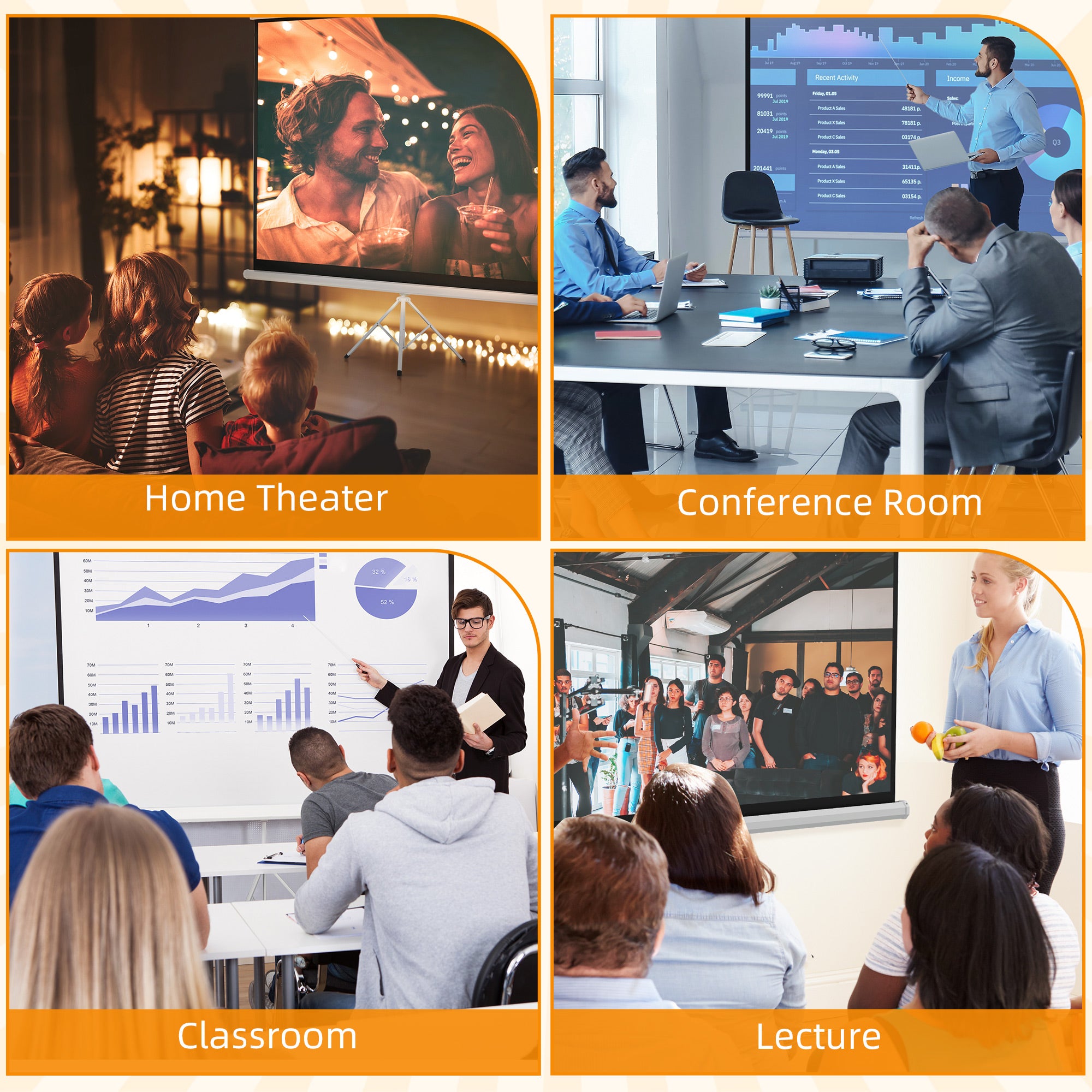 100" Foldable Projector Screen, 16:9 Format, Adjustable Tripod, 235.8 x 8 x 136 cm, White