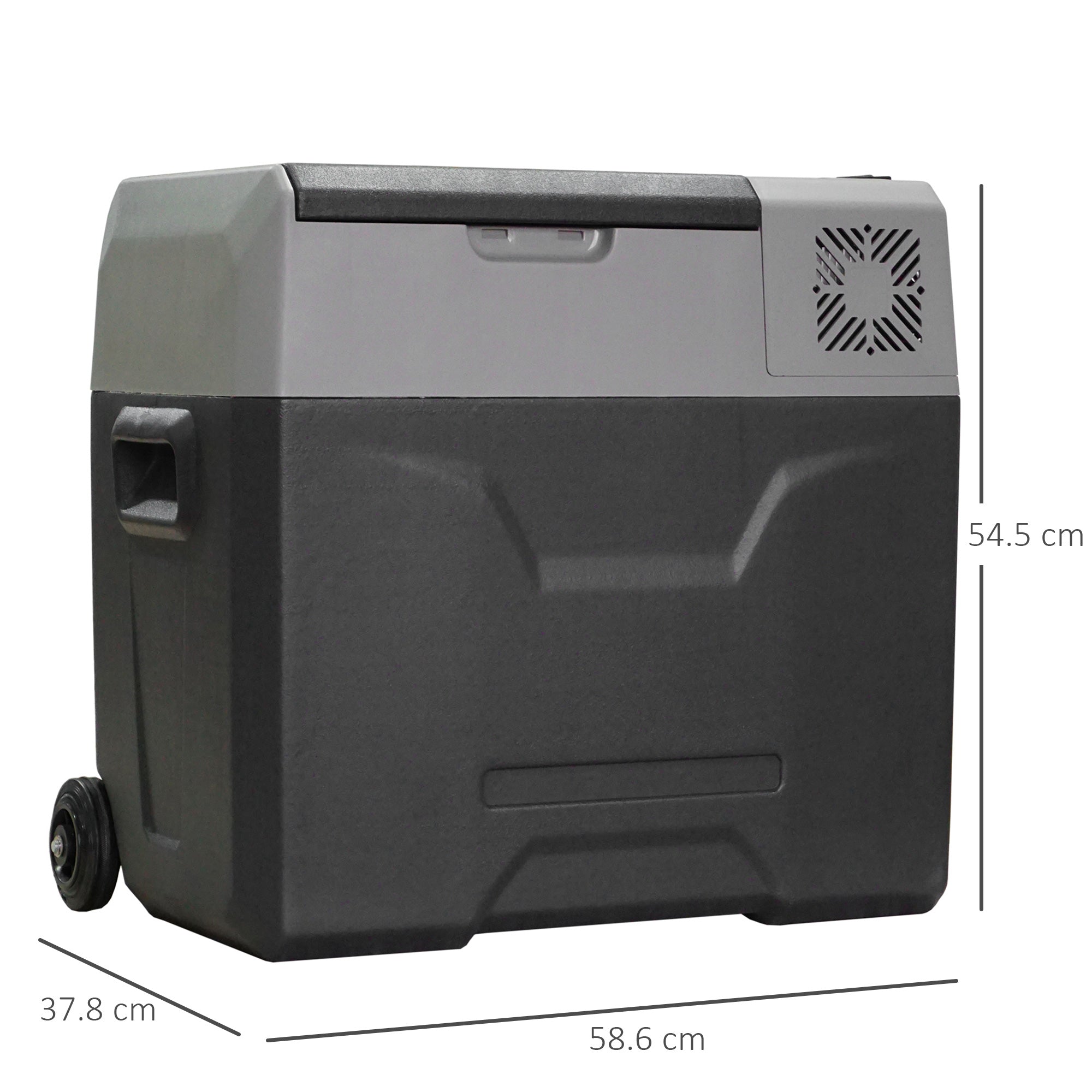 50L Car Fridge with Touch Panel, Handle and 2 Wheels, in Aluminum and Plastic, 58.6x37.8x54.5 cm, Gray