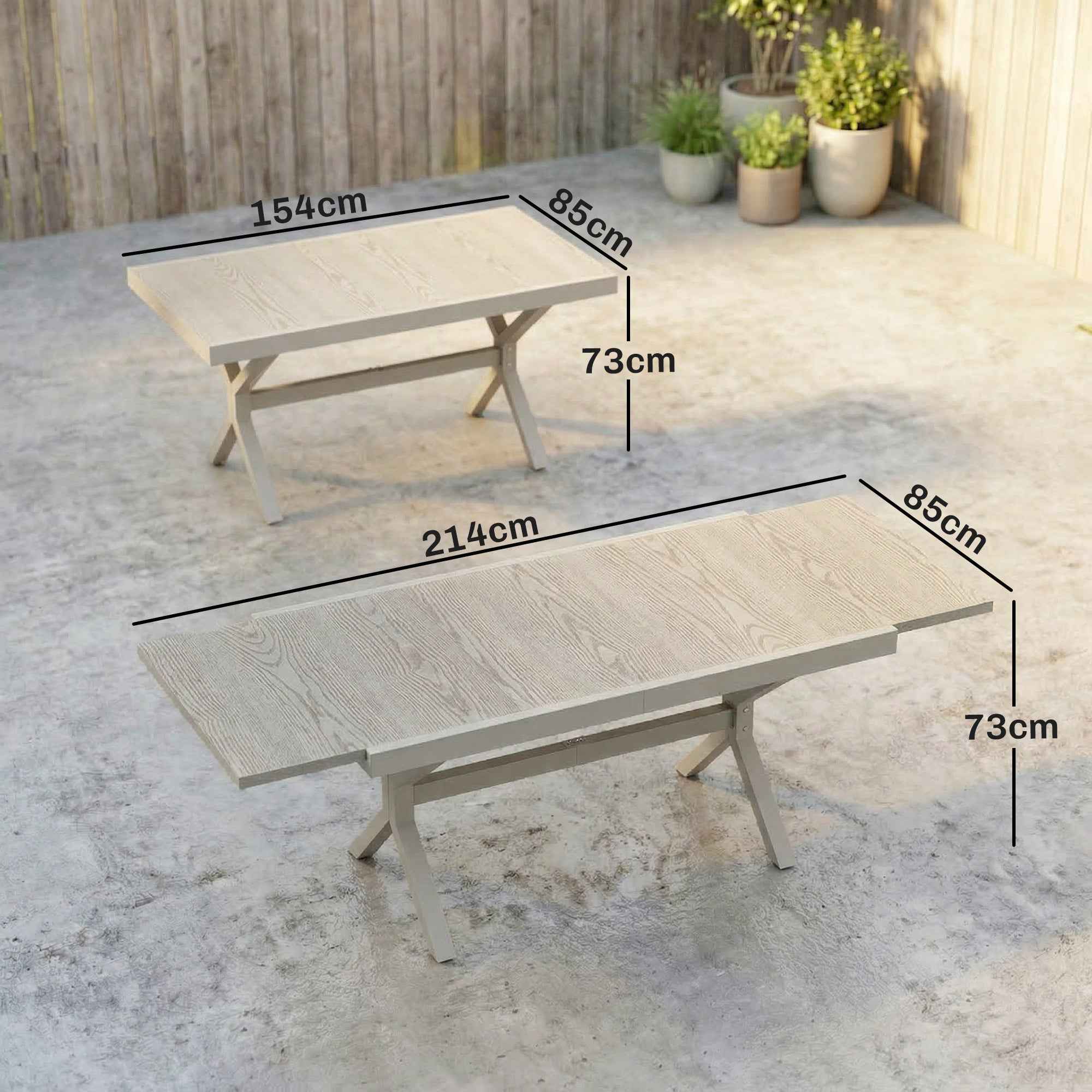 Extendable Garden Table for 8-10 People, in Aluminum and Steel, 154/214x85x73 cm, Gray