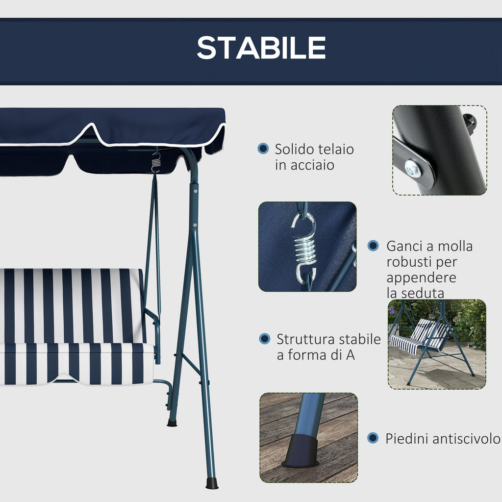 3-Seater Garden Swing with Sunshade Roof, in Steel and Polyester, 172x110x153 cm, White and Blue