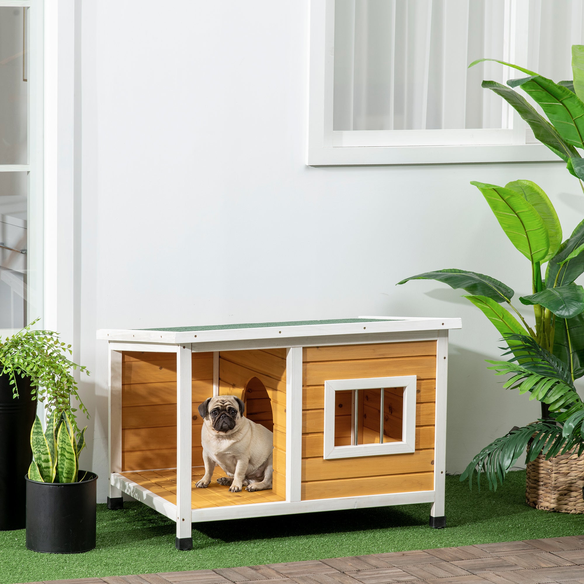 Outdoor Dog Kennel in Fir Wood with Covered Veranda and Tilting Roof, 85.5x62x60 cm, Multicolored