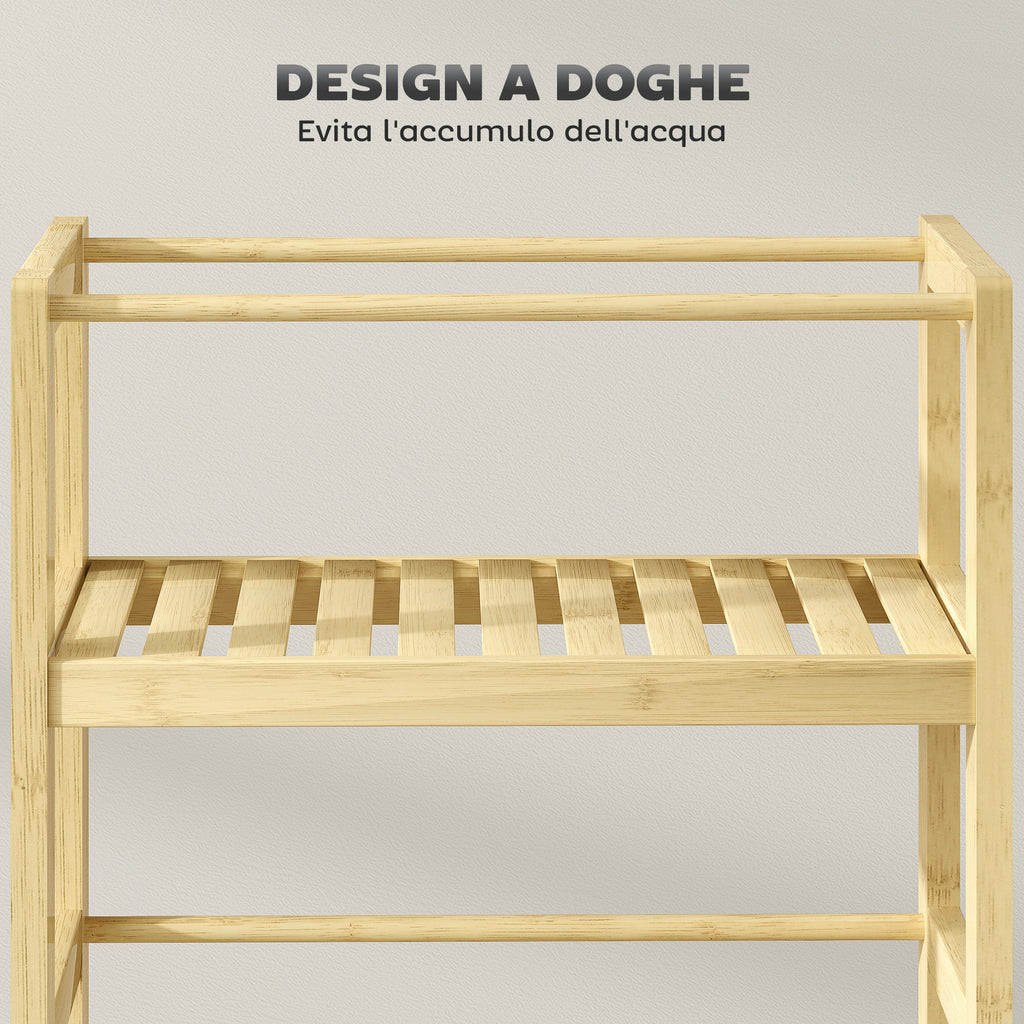 3-Tier Bathroom Shelf with Wheels, Bamboo Wood Trolley, 36x15x73 cm, Wood Color