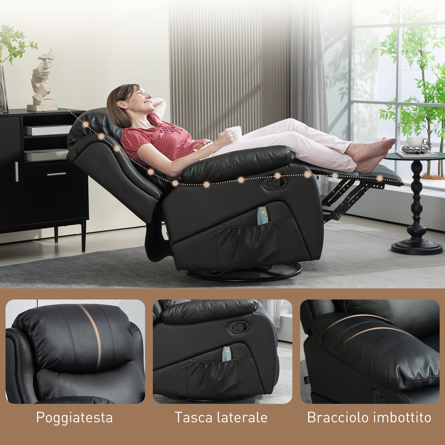 Reclining Relax Armchair with 8 Massage Points, in Faux Leather and Steel, 97x92x104 cm, Black - Borgè