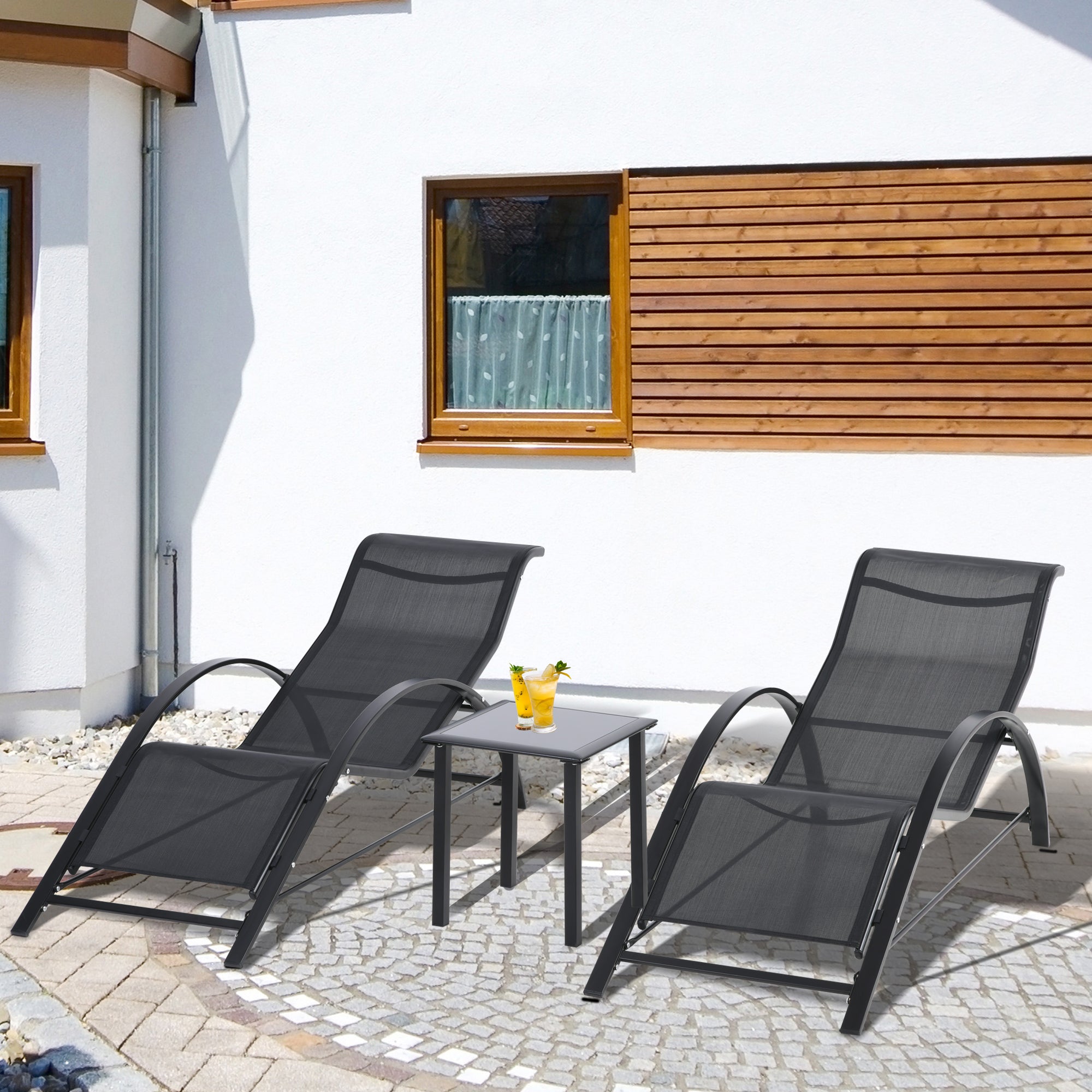 Outsunny Set 2 sun loungers and table with a shelf, in breathable fabric and metal, 59x169x66 cm, black - Borgè