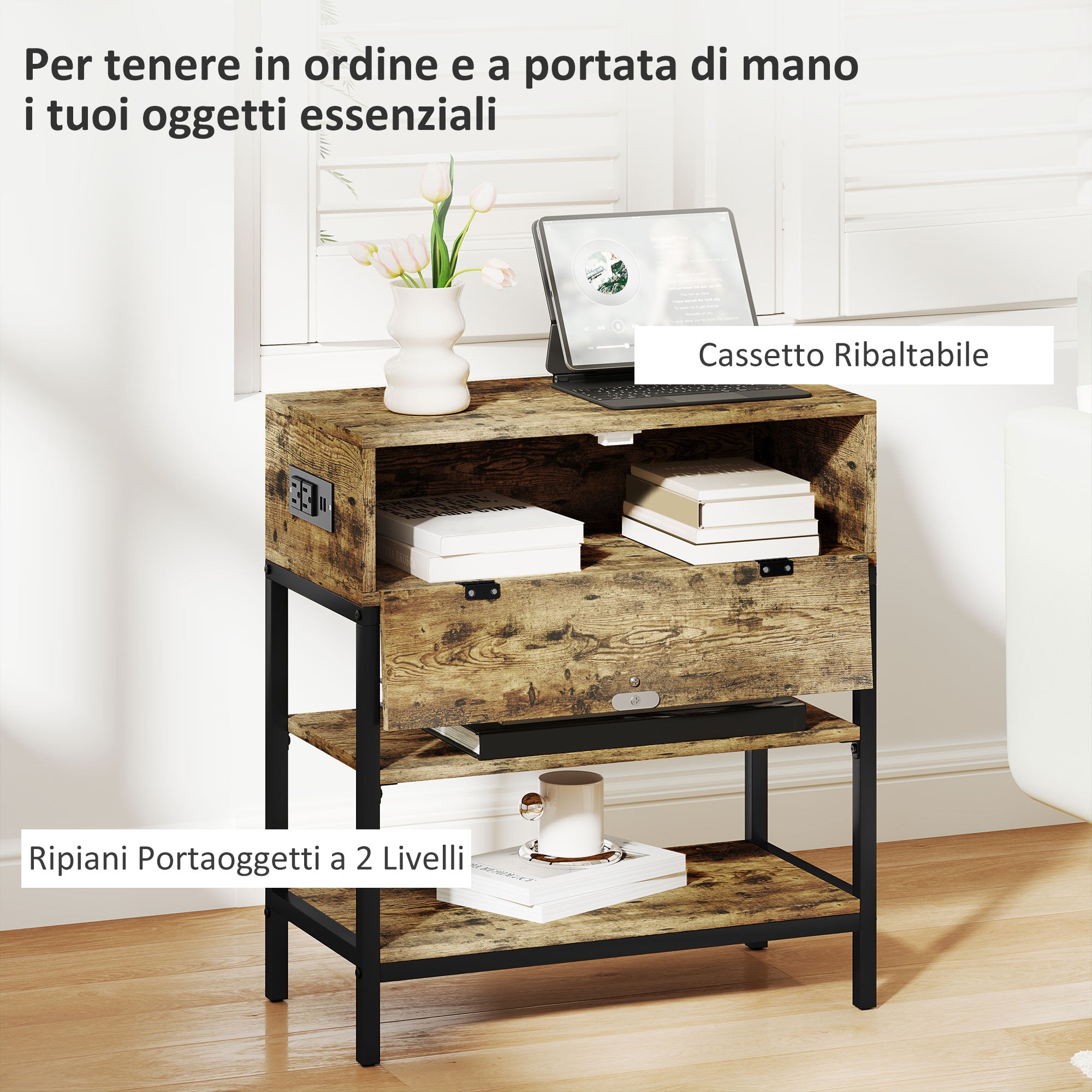 Sofa Table with Drawer and 2 Shelves Industrial Style, in Wood and Metal, 60x30x66.5 cm, Black and Brown