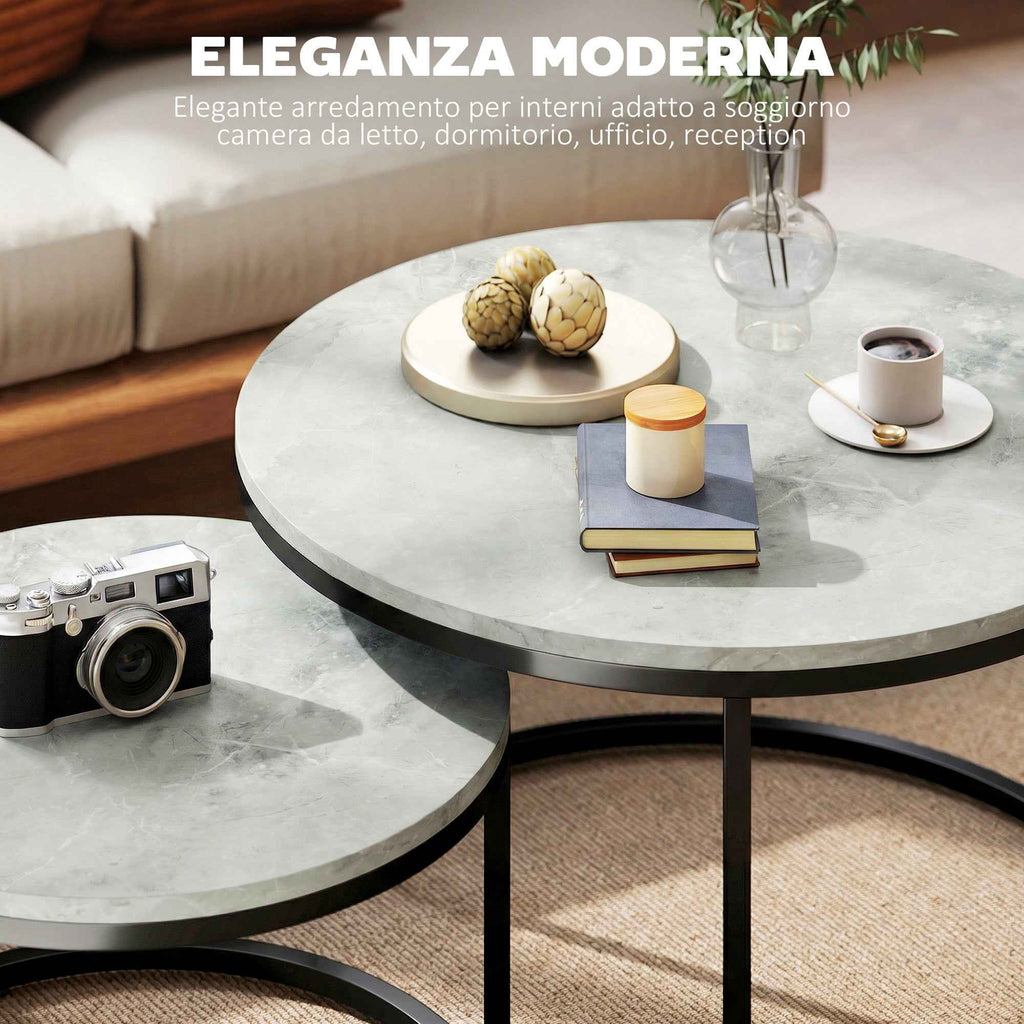 HOMCOM Set of 2 Round Coffee Tables with Marble Effect Top, in Wood and Metal, Marble Grey