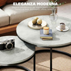 HOMCOM Set of 2 Round Coffee Tables with Marble Effect Top, in Wood and Metal, Marble Grey