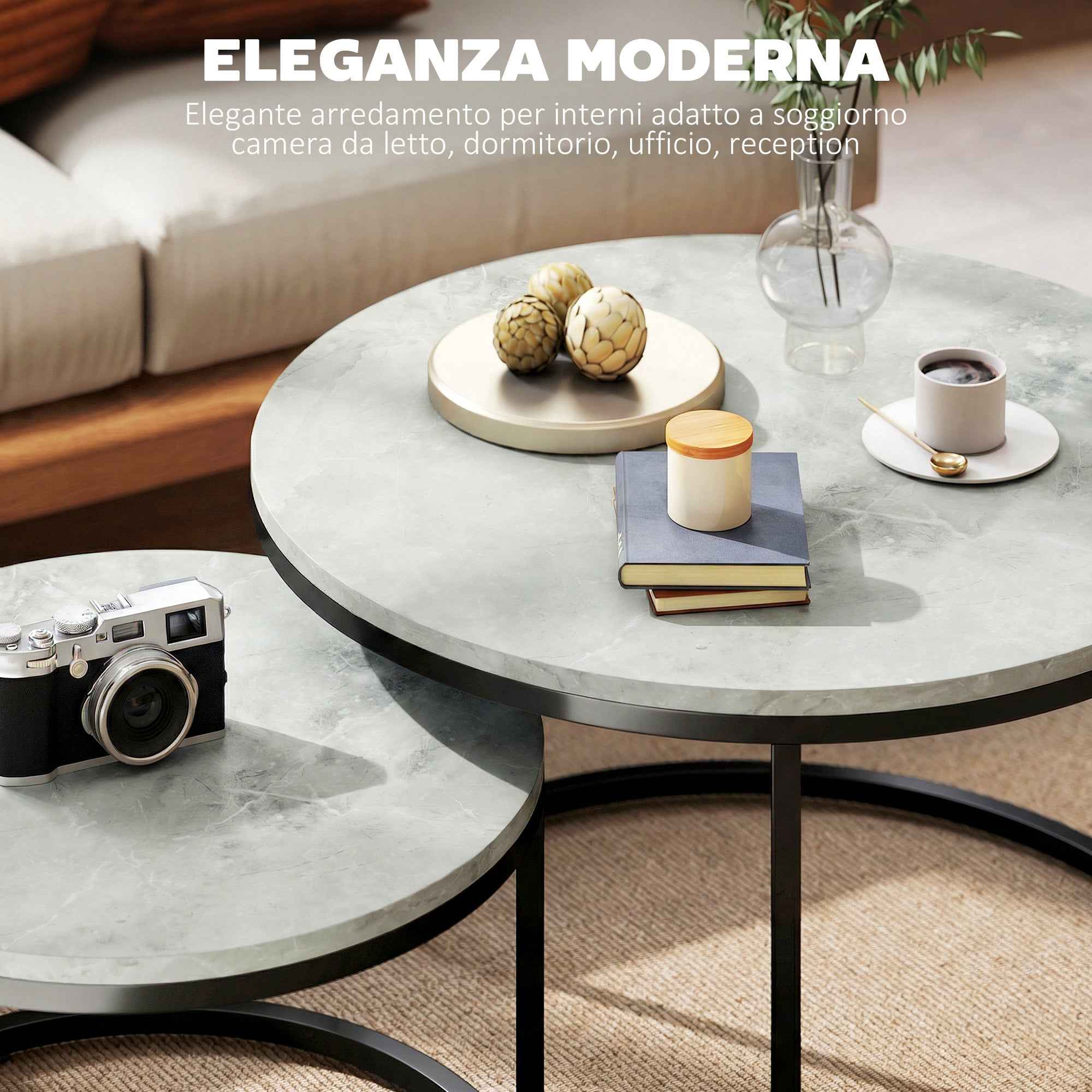 HOMCOM Set of 2 Round Coffee Tables with Marble Effect Top, in Wood and Metal, Marble Grey