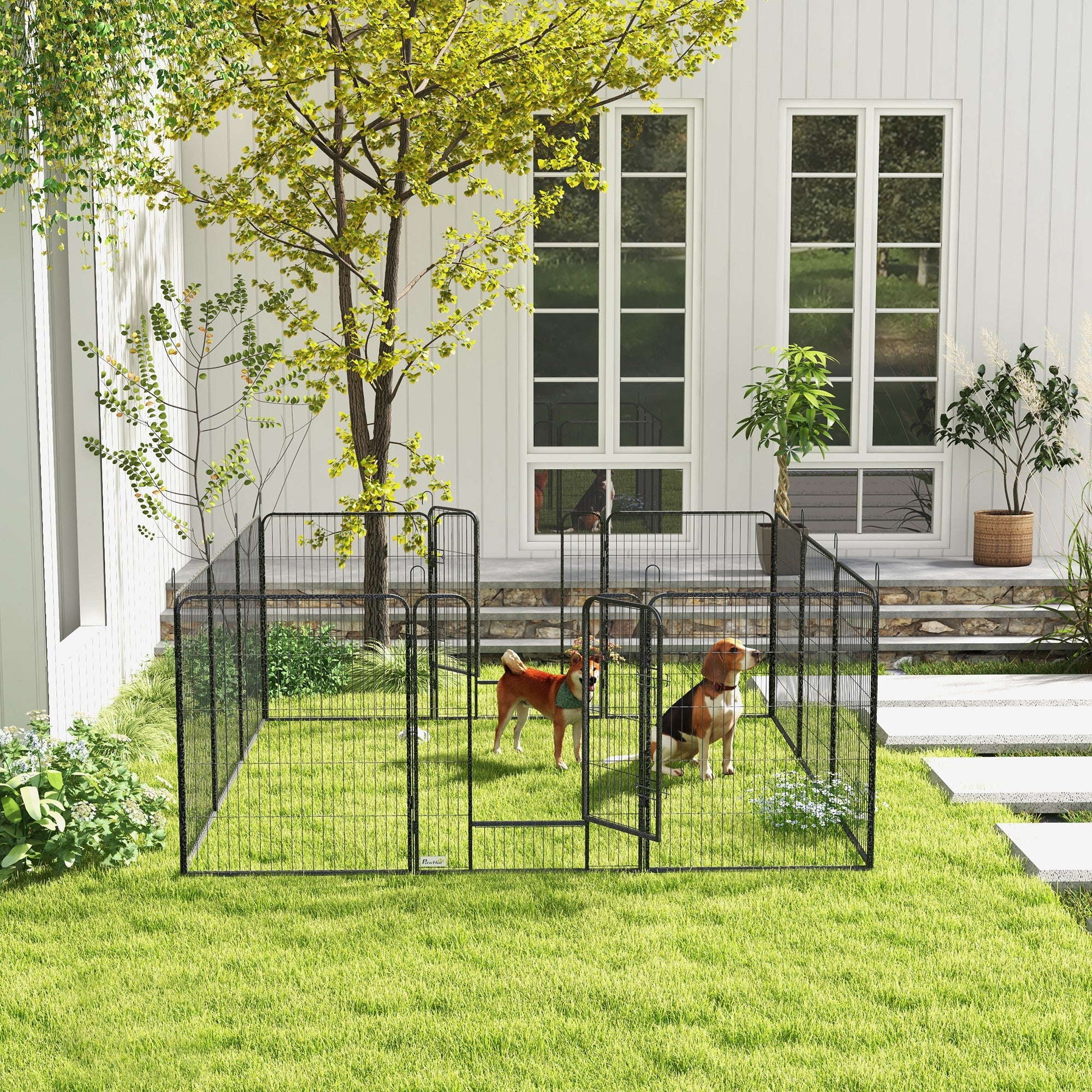 PawHut 12-Panel Modular Dog Playpen, 80x100 cm, Foldable, with Steel Door and 12 Pegs, Grey