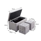 3 Piece Storage Bench Set with 2 Velvet Ottoman Stools, Pearl Grey