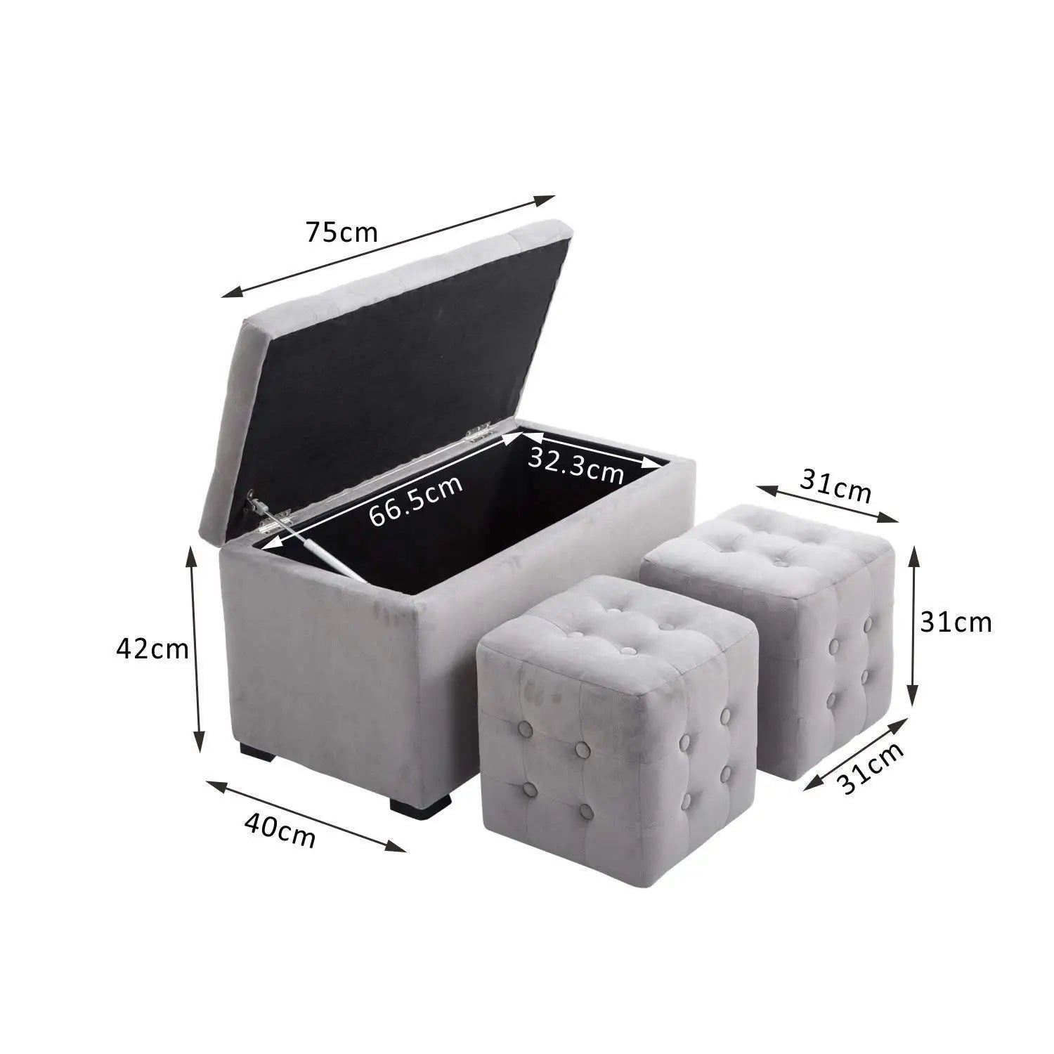 3 Piece Storage Bench Set with 2 Velvet Ottoman Stools, Pearl Grey