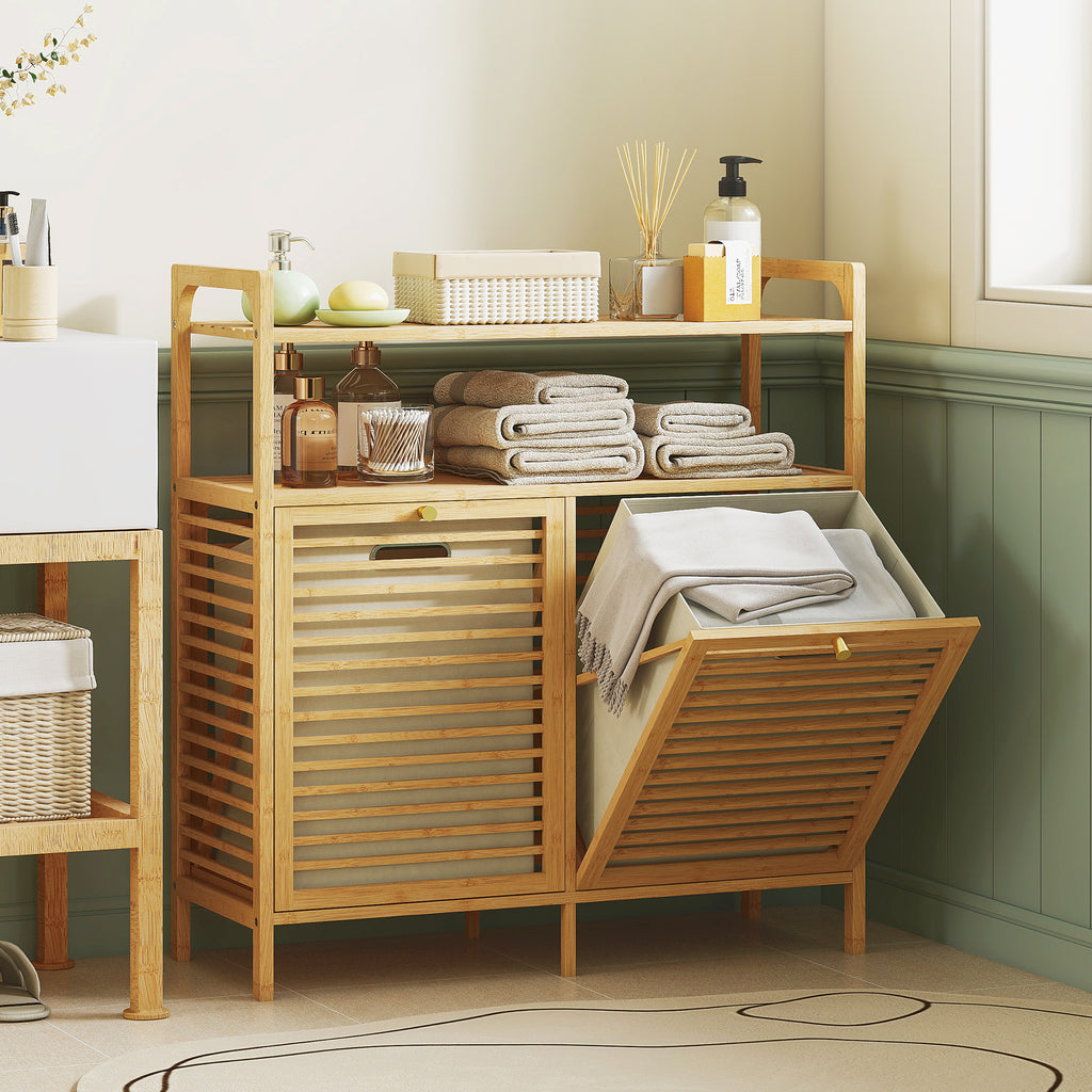 Bamboo and Polyester Laundry Hamper with 2 x 41L Baskets and 2 Shelves, 82 x 33 x 88 cm, Wood and Cream Color