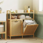 Bamboo and Polyester Laundry Hamper with 2 x 41L Baskets and 2 Shelves, 82 x 33 x 88 cm, Wood and Cream Color