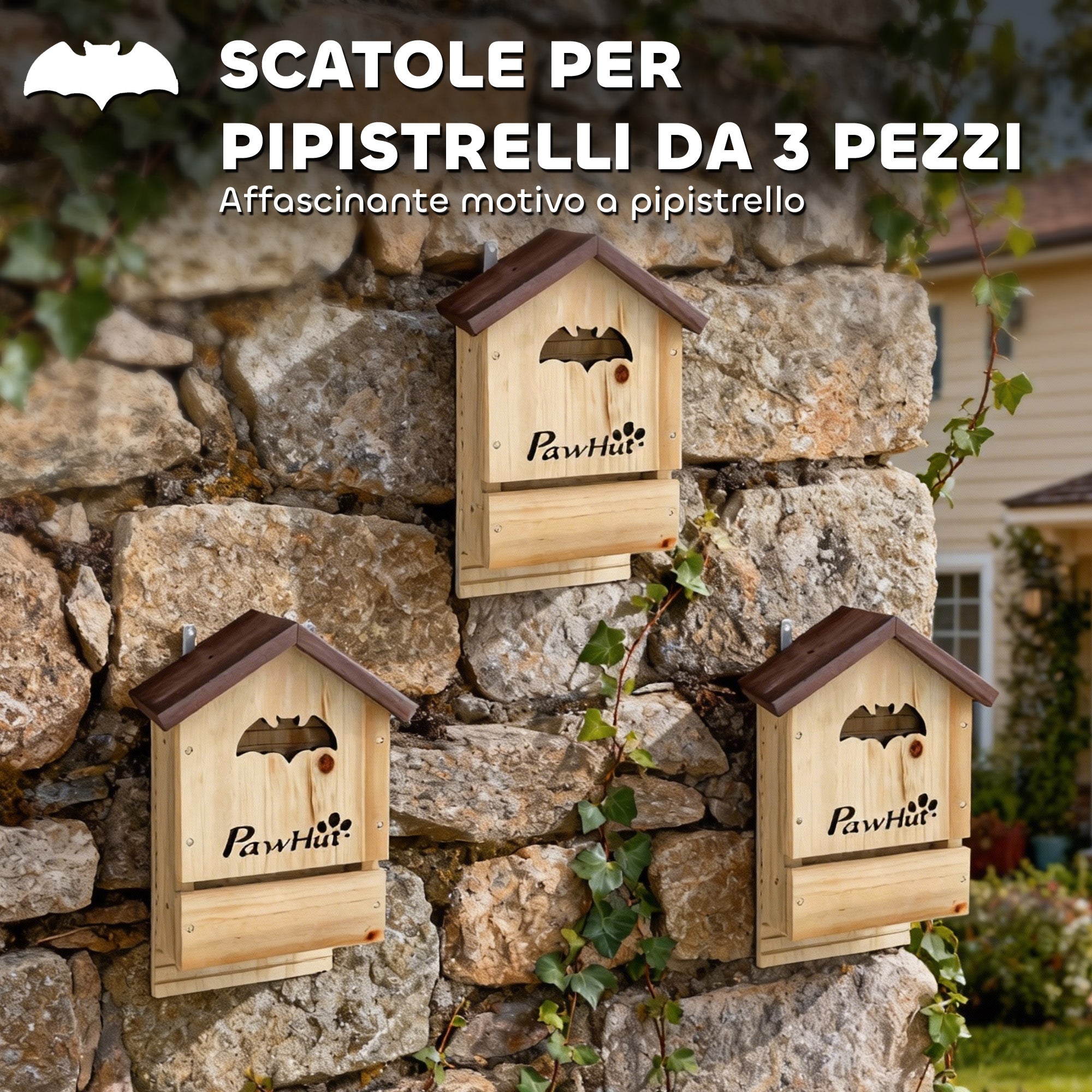 PawHut Set of 3 Fir Wood Bat Houses, 21.5x11.5x34 cm, Natural Wood