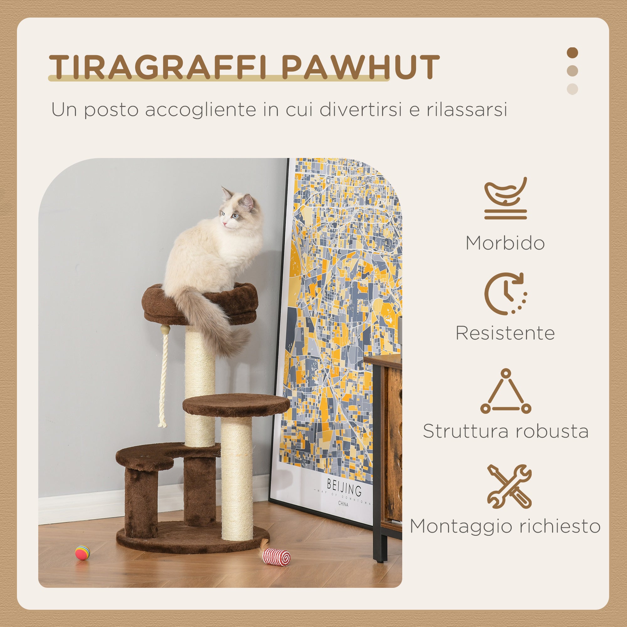 3-Tier Cat Scratching Tree with Plush Bed and Sisal Poles, Ø40x65 cm, Brown