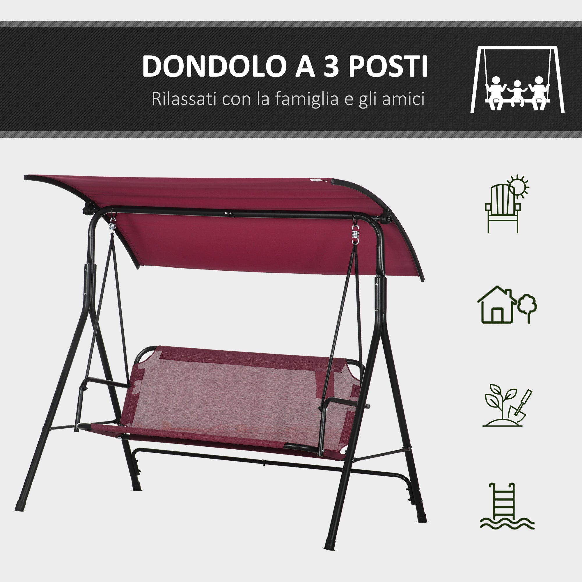 3-seater garden swing in steel with polyester sunshade roof, 172x110x153 cm, red and black