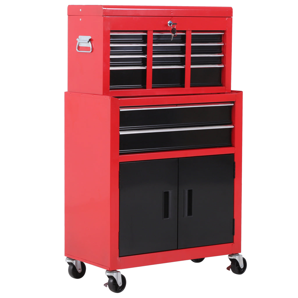 2-in-1 Tool Cart with Upper Drawer and Lower Cabinet, Metal, 61.6x33x108 cm, Red