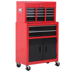 2-in-1 Tool Cart with Upper Drawer and Lower Cabinet, Metal, 61.6x33x108 cm, Red