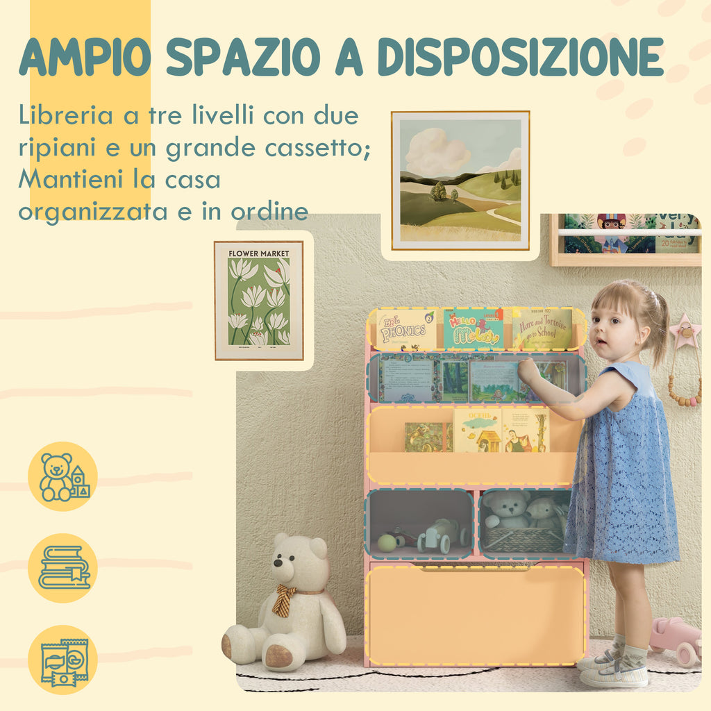 Small Children's Bookcase with MDF Shelves and Drawer, 60x29.9x90cm, Pink