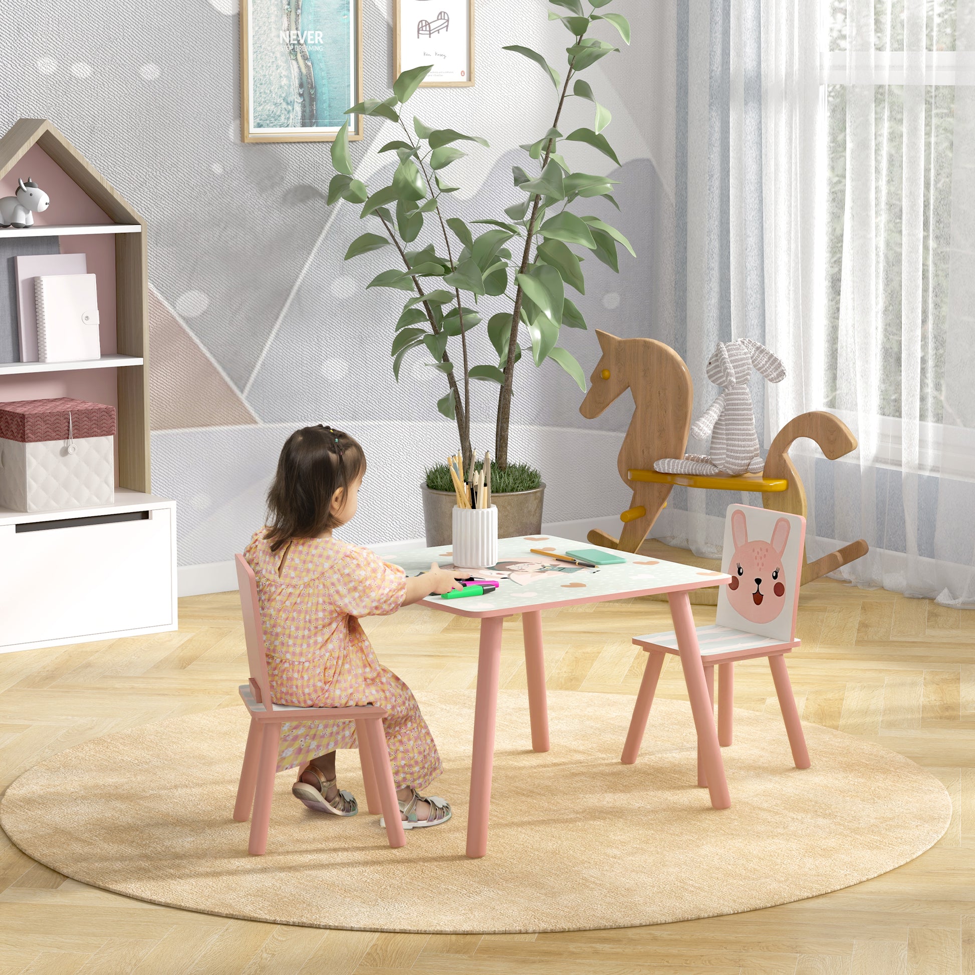 ZONEKIZ 3-piece table and chair set for children 3-8 years in MDF and pine wood with animal designs, pink - Borgè