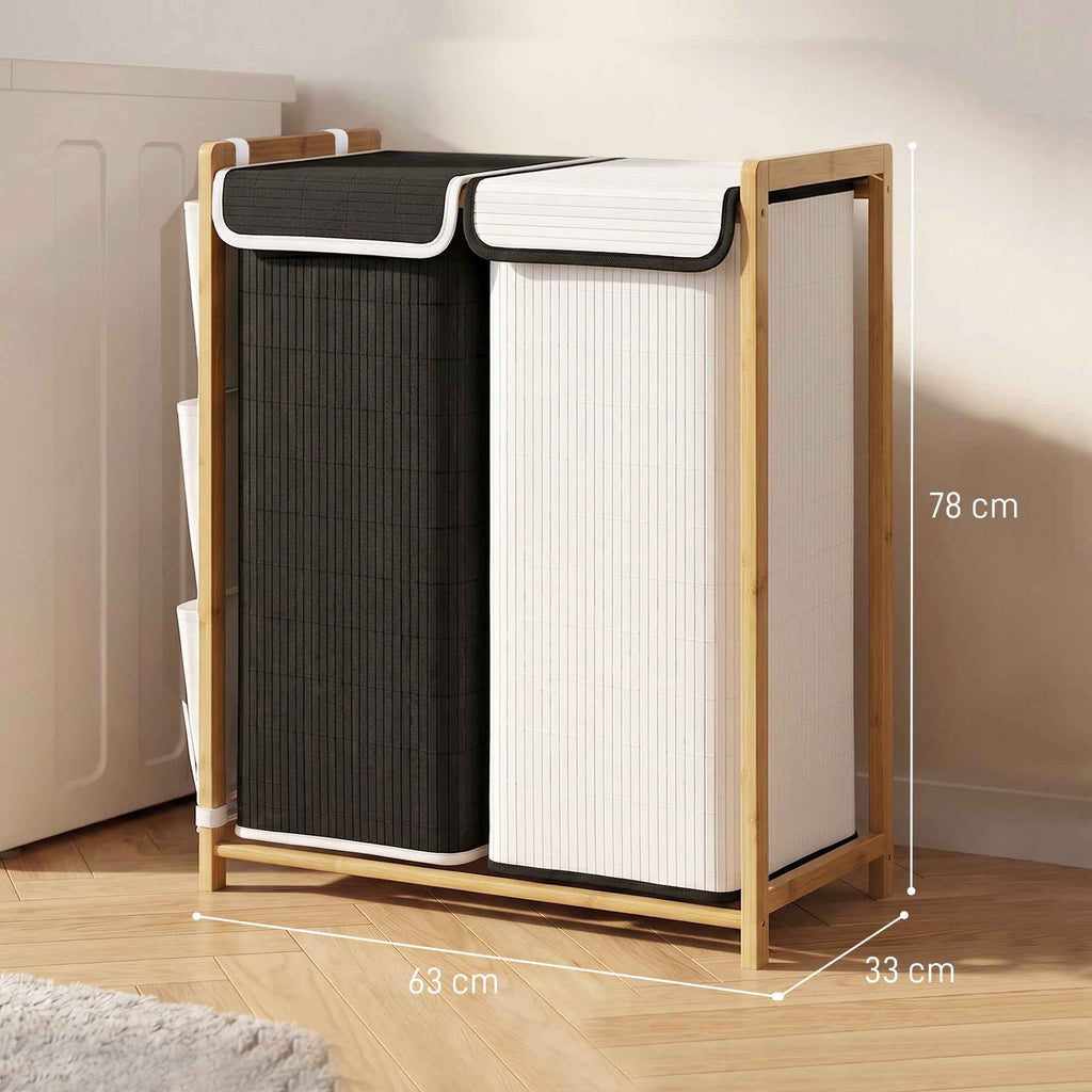 HOMCOM 120L 2-Compartment Laundry Hamper with Lids, Side Pockets, Removable Bags for Bedroom
