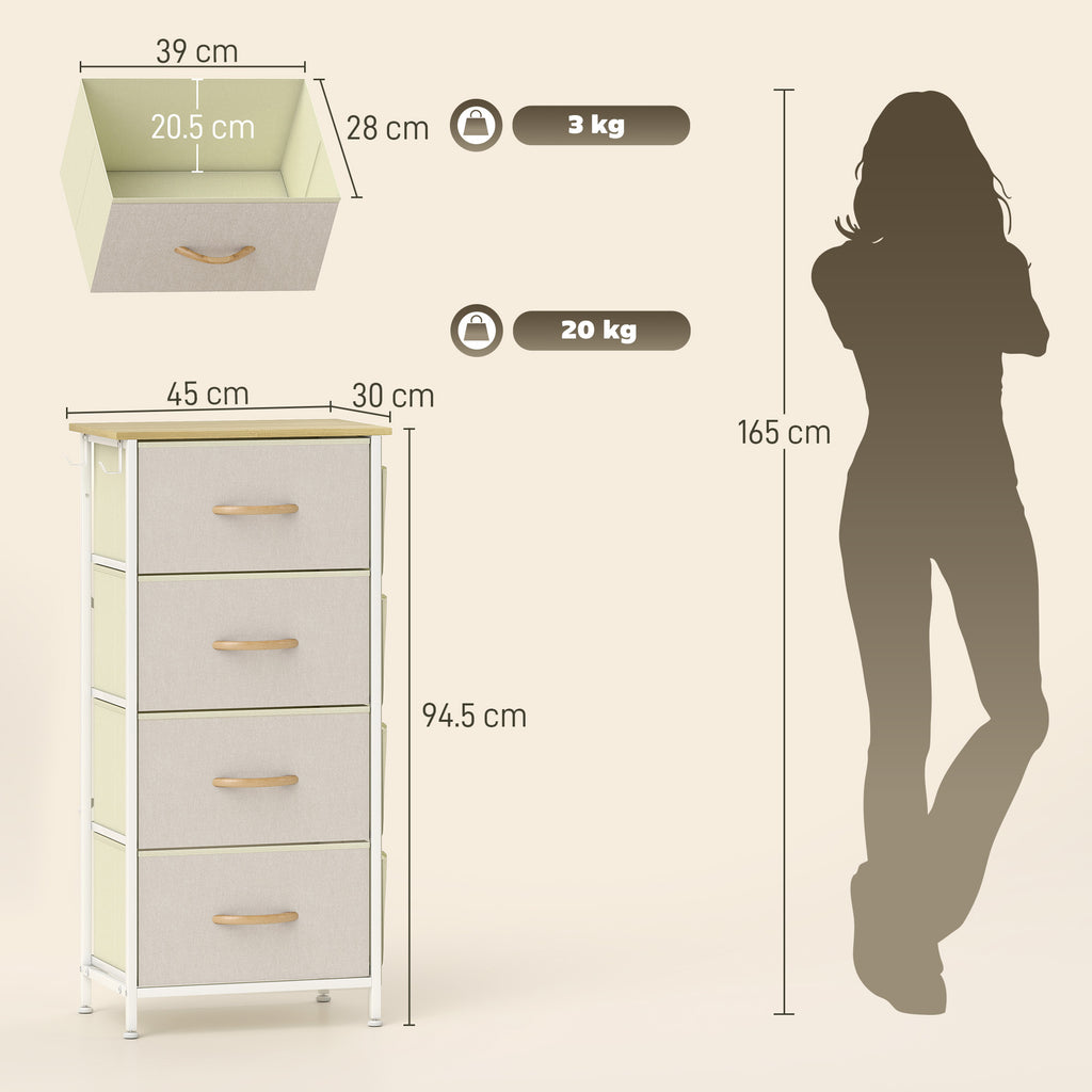 4-Drawer Folding Chest with 4 Pockets and 2 Hooks, Made of Wood, Steel and Fabric, 45x30x94.5 cm