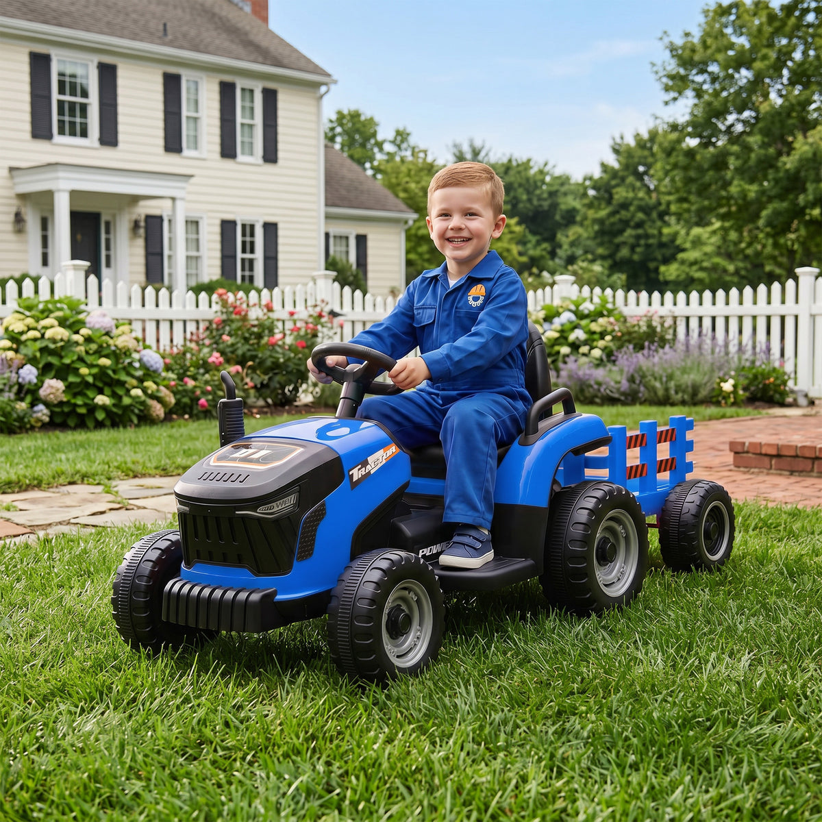 AIYAPLAY 2 in 1 Electric Tractor for Kids Ages 3-8 with Detachable Trailer, Remote Control, Music, Lights, Blue