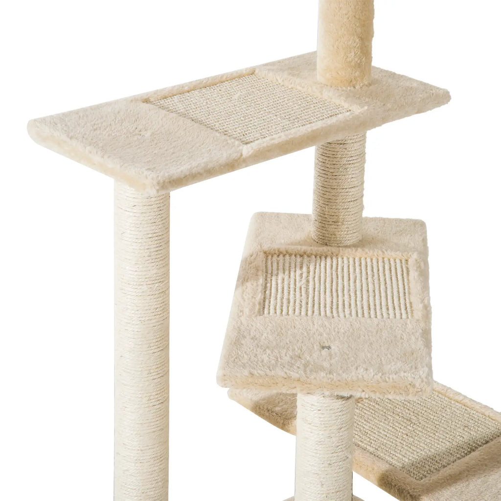 Multi-Level Cat Perch with Sisal Scratching Post, Cat Tree with Platforms and Plush House Beige, 50x50x100cm - Borge' Group Limited