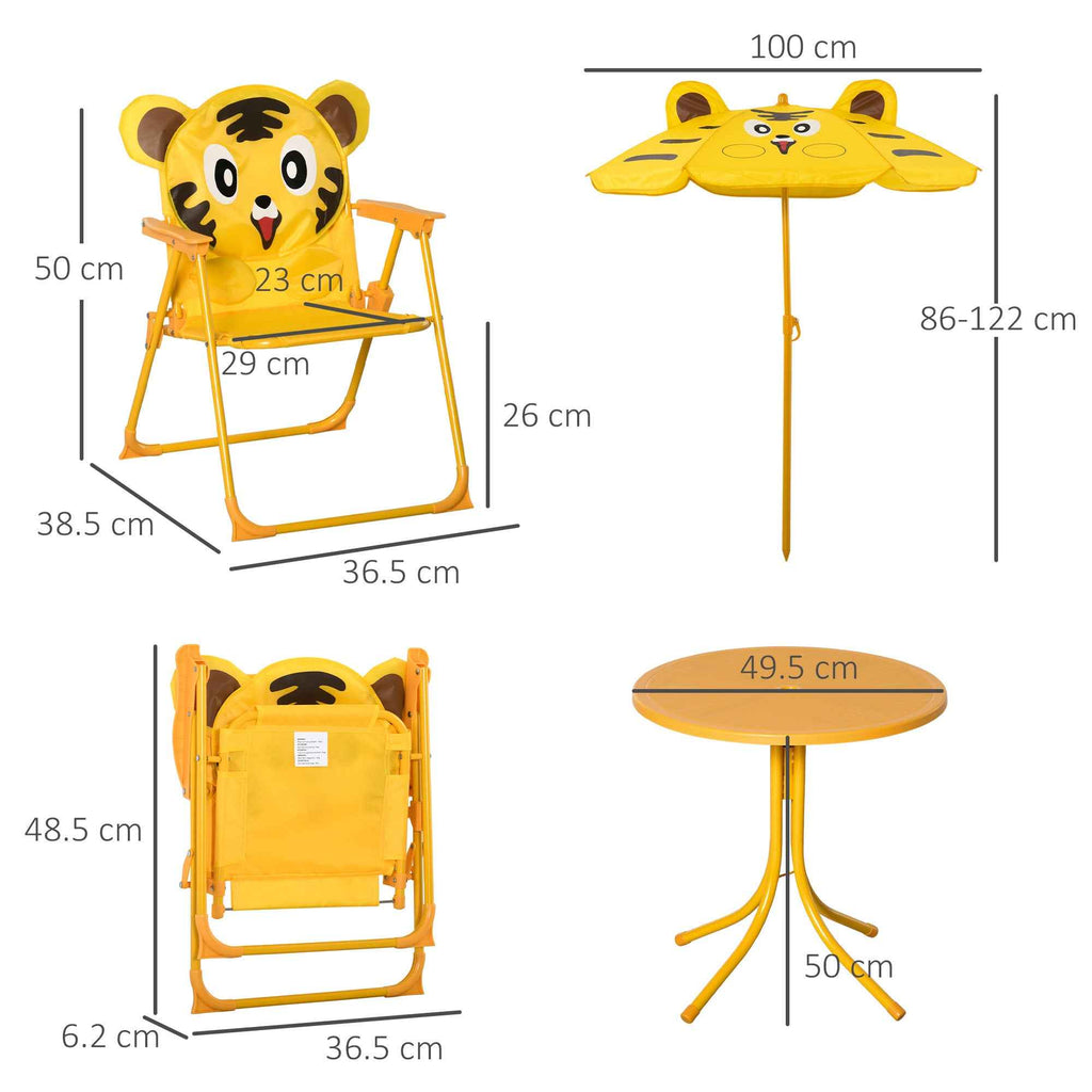 Outsunny 4-Piece Kids Outdoor Set with 2 Chairs, Umbrella, and Round Table, Steel and Yellow Oxford Fabric