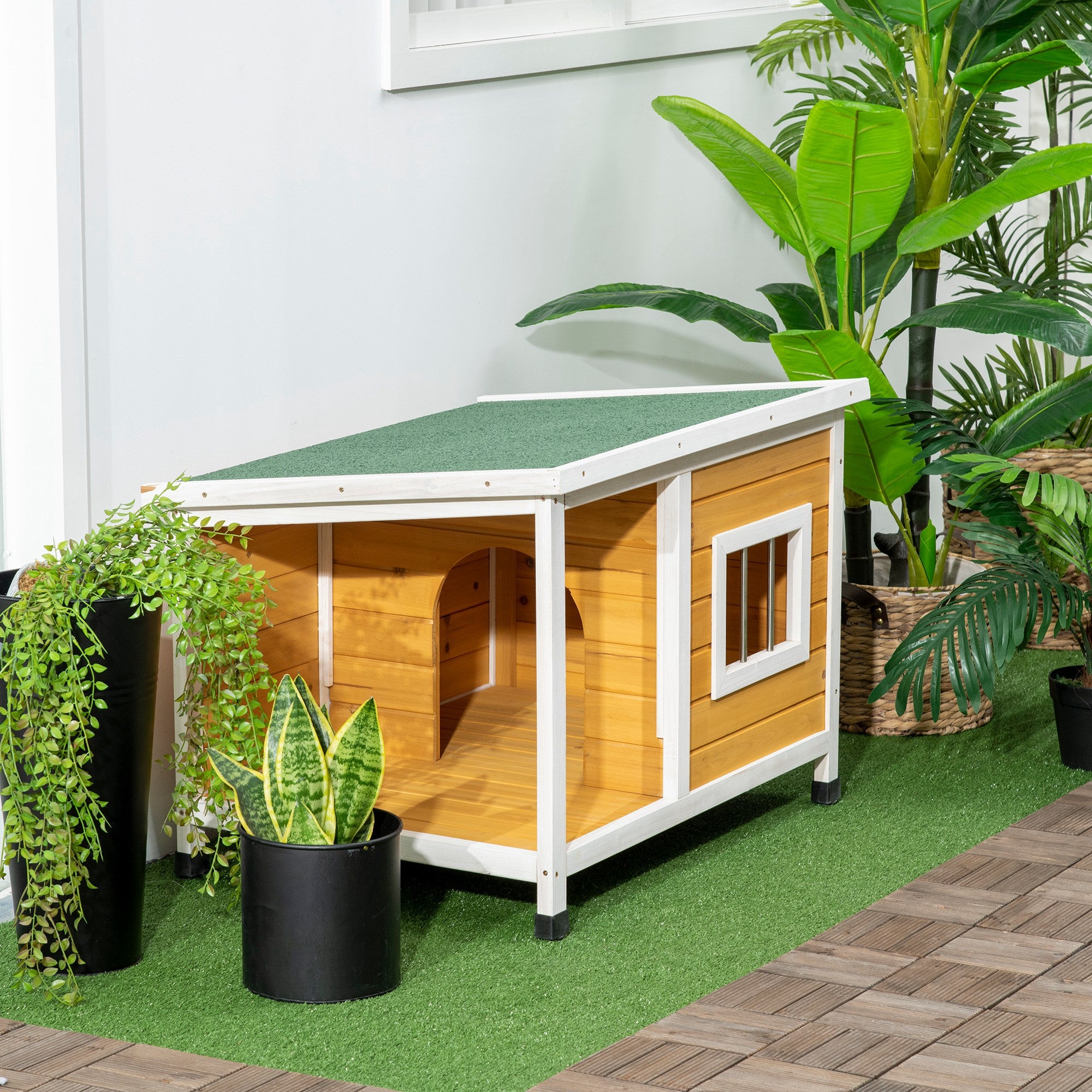 Outdoor Dog Kennel in Fir Wood with Covered Veranda and Tilting Roof, 85.5x62x60 cm, Multicolored