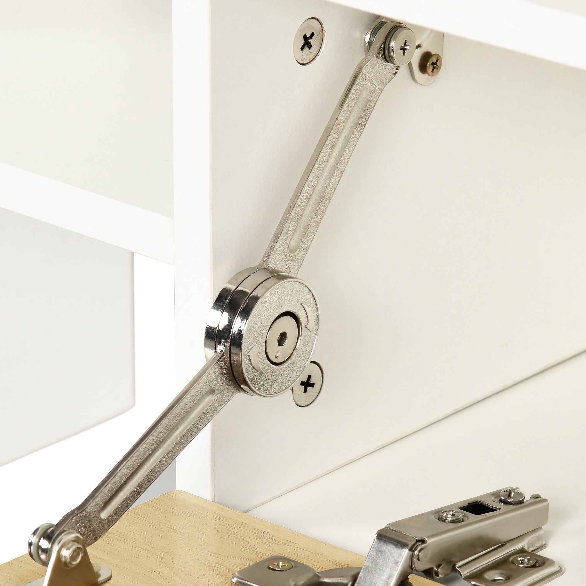 TV Cabinet with Wall Shelf, Open Shelves and Wooden Cabinet, White and Natural Wood