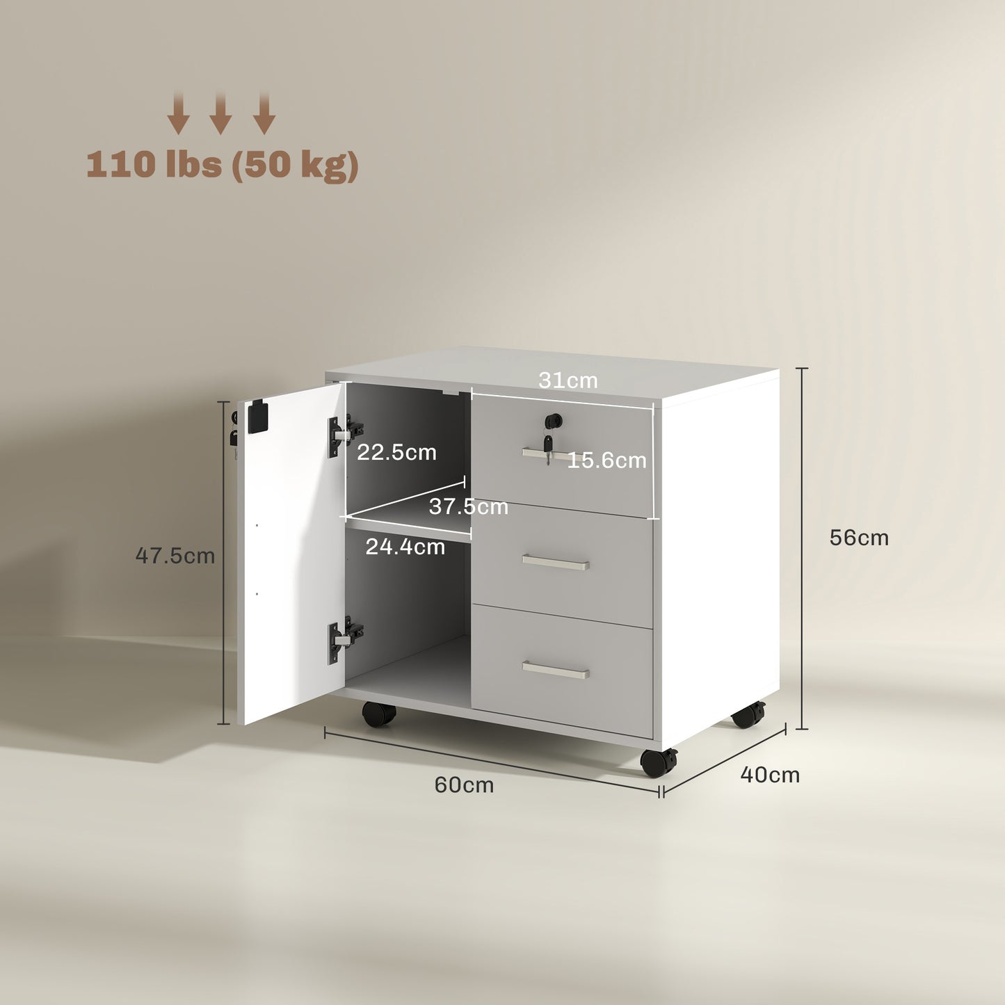 Office File Cabinet with 3 Drawers and Cabinet with 3 Adjustable Shelves, Wooden, 60x40x56 cm, White