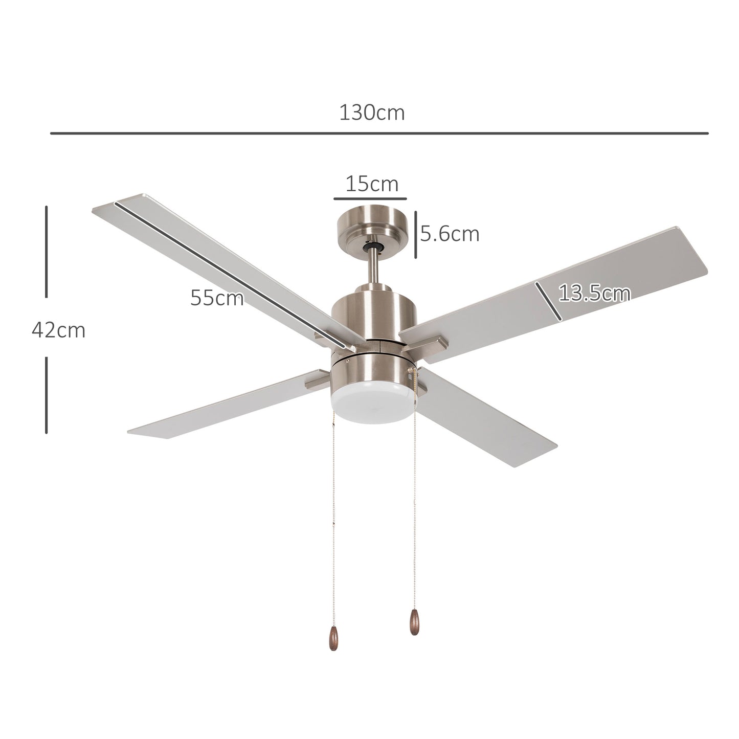 HOMCOM Ceiling Fan with LED Light, 3 Speeds and Reversible Motor, Ø130cm, Silver and Wood - Borgè