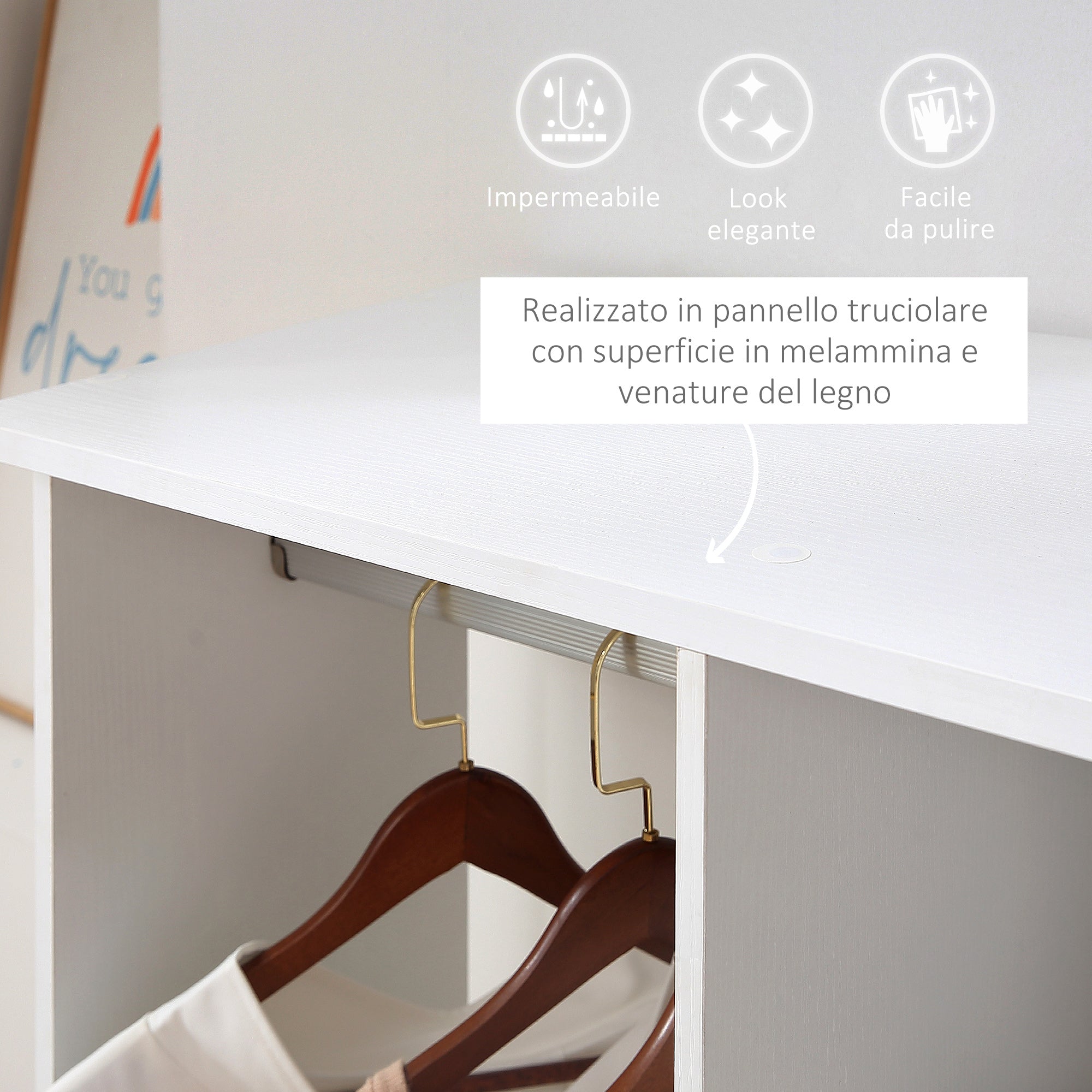 Wardrobe with Wheels, 2 Rods, and 3 Open Shelves, Made of Wood and Aluminum, 120x40x128 cm, White