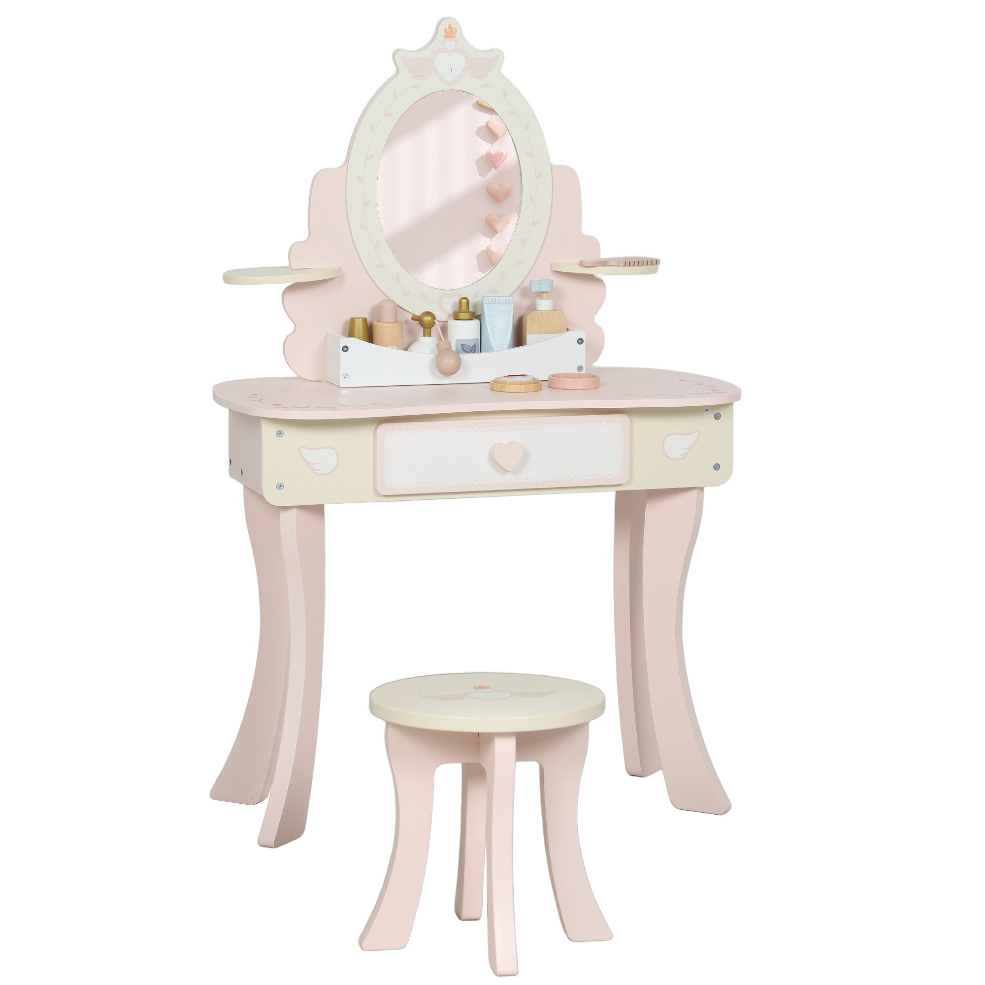 2-in-1 Wooden Dressing Table and Stool Set for Kids with 7 Accessories Included, Pink
