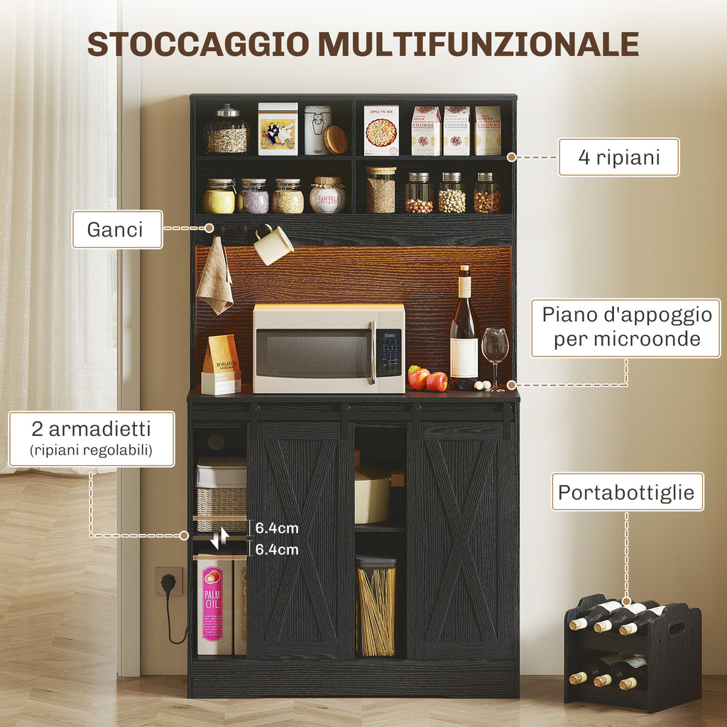 Rustic Tall Kitchen Sideboard with 2 Cabinets, Bottle Rack, Charging Sockets and LED Lights, Black
