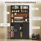 Rustic Tall Kitchen Sideboard with 2 Cabinets, Bottle Rack, Charging Sockets and LED Lights, Black