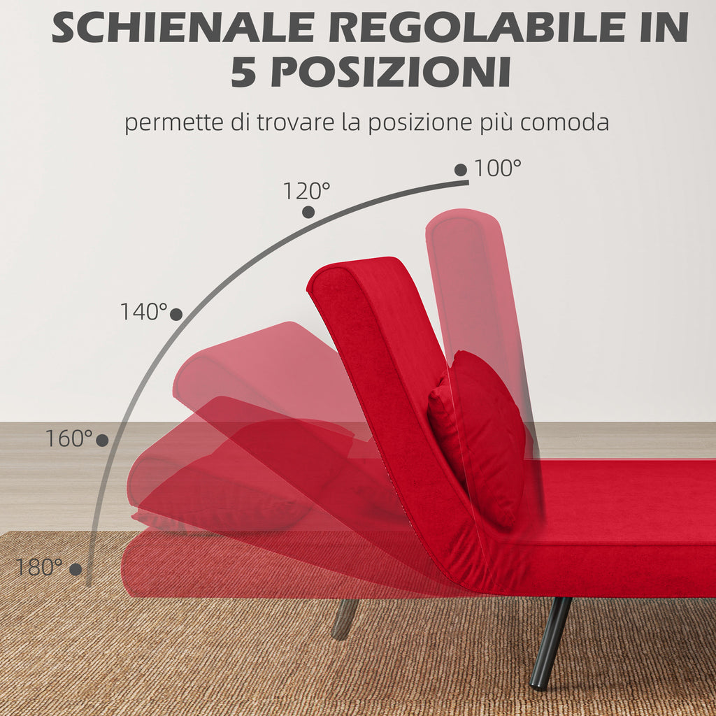Velvet Fabric Sofa Bed with Adjustable Backrest and 2 Cushions, 102x73x81 cm, Red