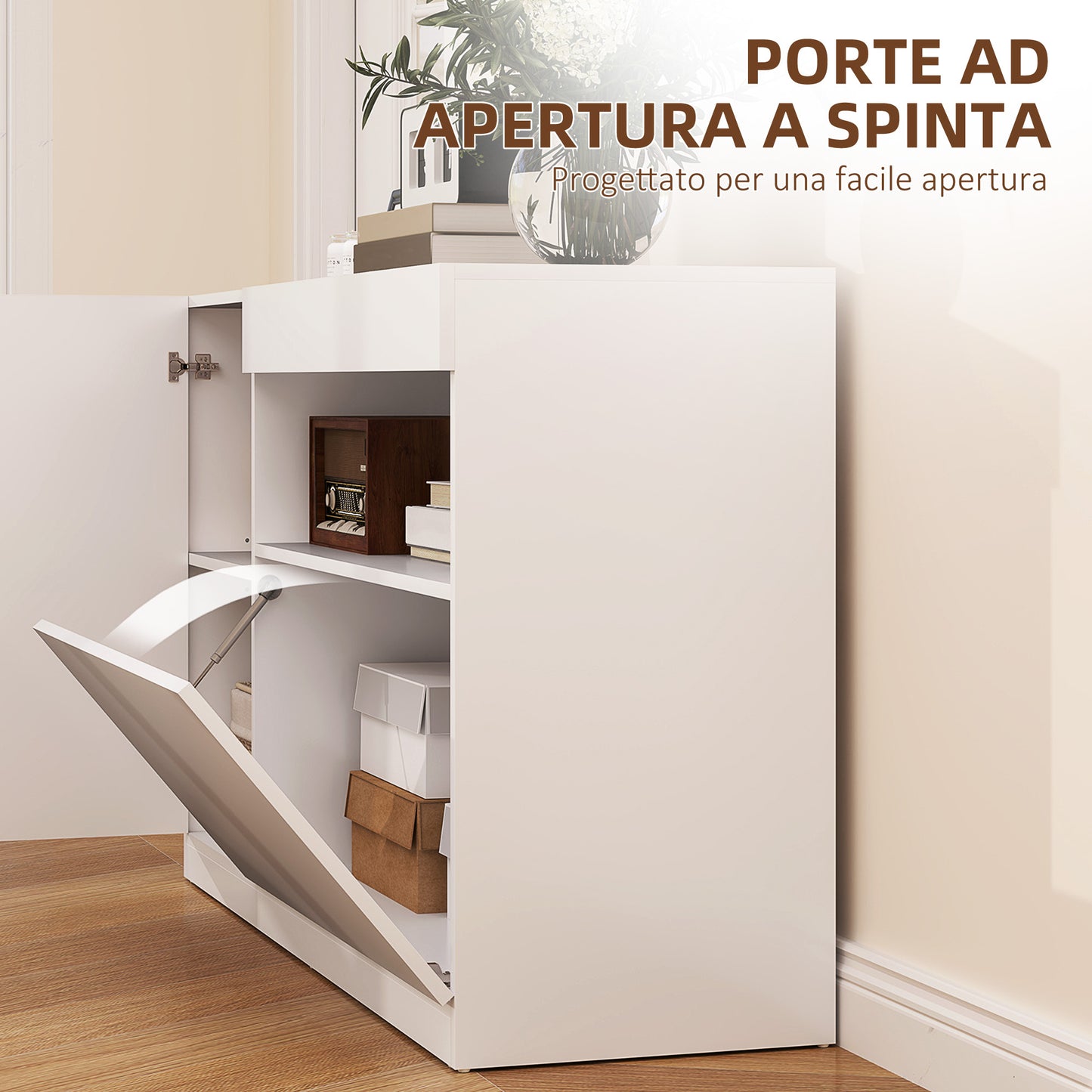 Modern Low Sideboard with Soft-Close Doors and Push-Opening, Adjustable Shelves, White