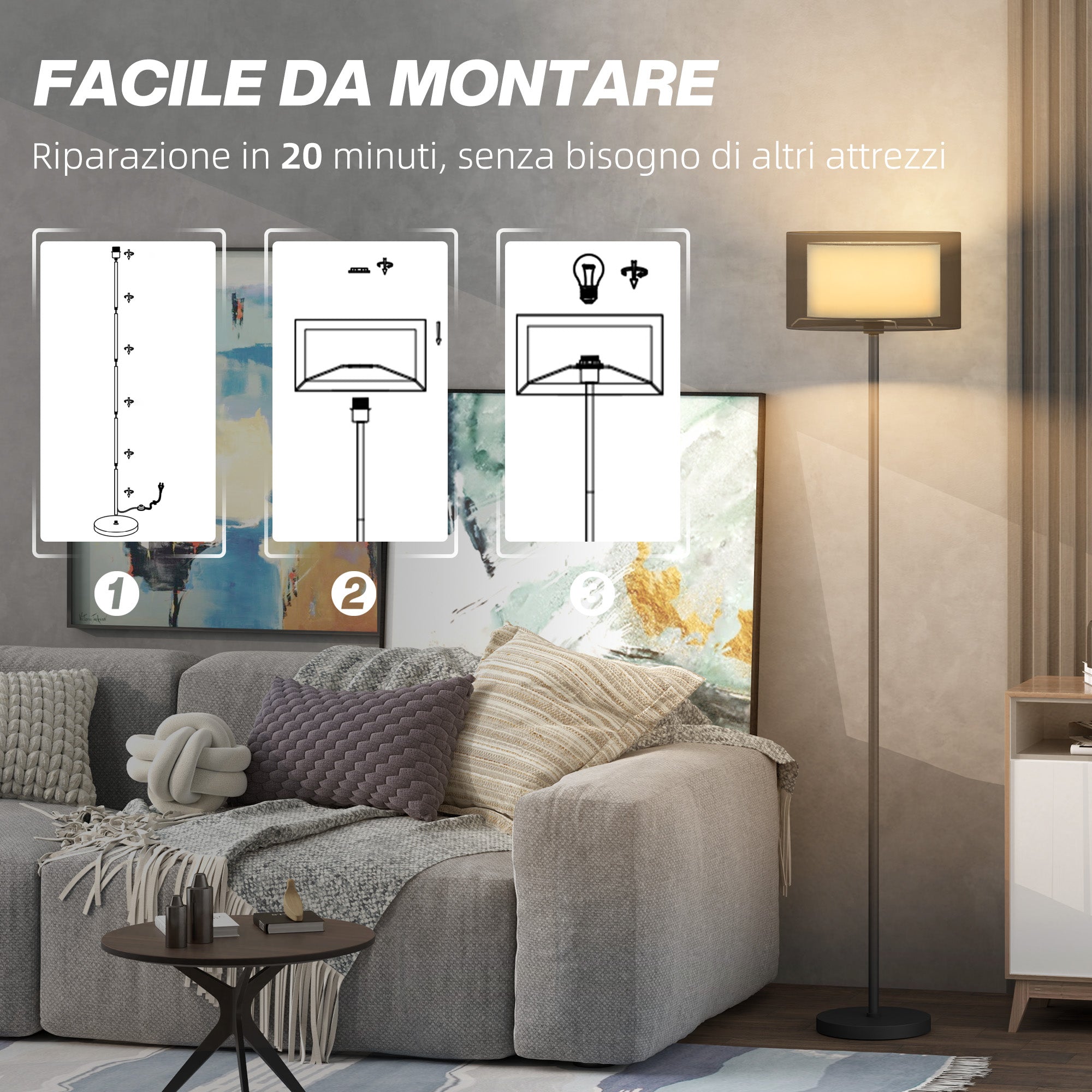 Modern Floor Lamp with Double Lampshade and Foot Switch, Ø33 x 152.5 cm, Black