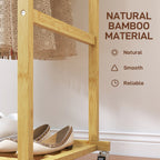 Bamboo Clothes Rail with 2 Rails, Lower Shelf and 4 Wheels, 80x40x160 cm, Natural Wood