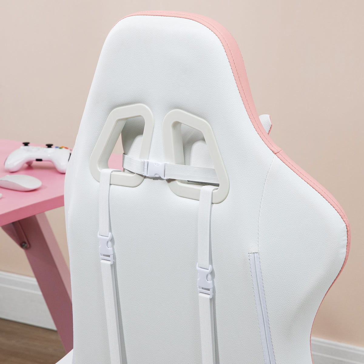 Vinsetto Gaming Chair with Adjustable Height and Reclining Backrest, 65x65x121-129 cm, White and Pink