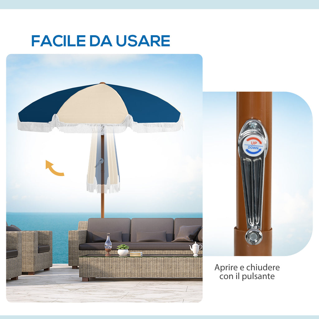 Round and Tilting Umbrella with 8 Ribs with Crank, in Polyester and Steel, Ø213x234 cm, Blue and Beige