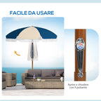 Round and Tilting Umbrella with 8 Ribs with Crank, in Polyester and Steel, Ø213x234 cm, Blue and Beige