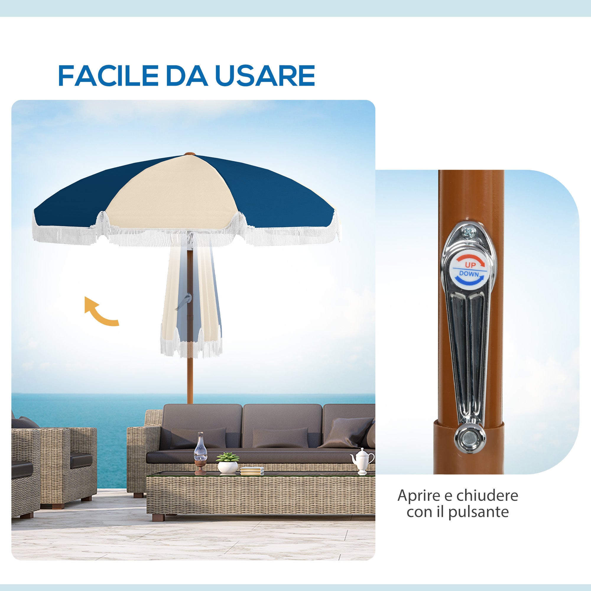 Round and Tilting Umbrella with 8 Ribs with Crank, in Polyester and Steel, Ø213x234 cm, Blue and Beige