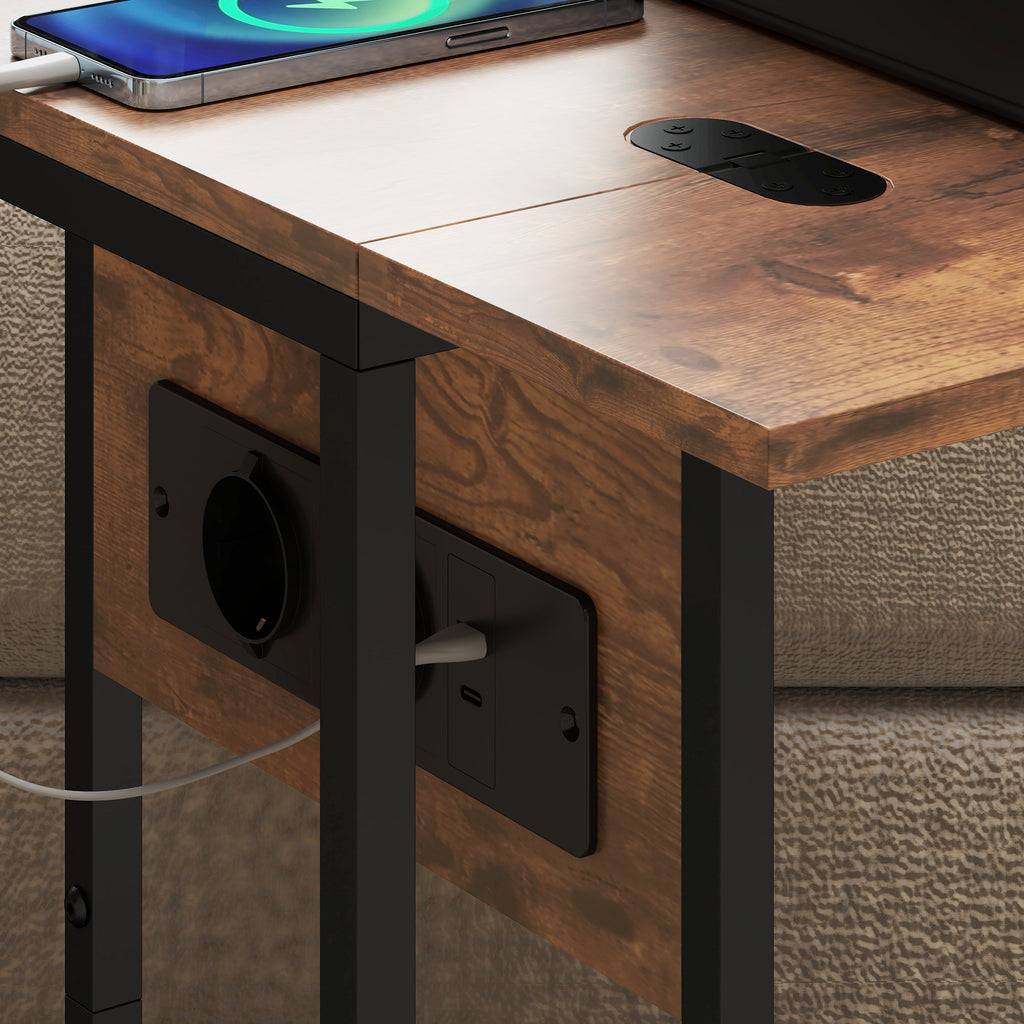 Expandable C-Shaped Coffee Table with 2 Charging Stations, Wood and Metal, 39x29x57 cm, Black and Brown